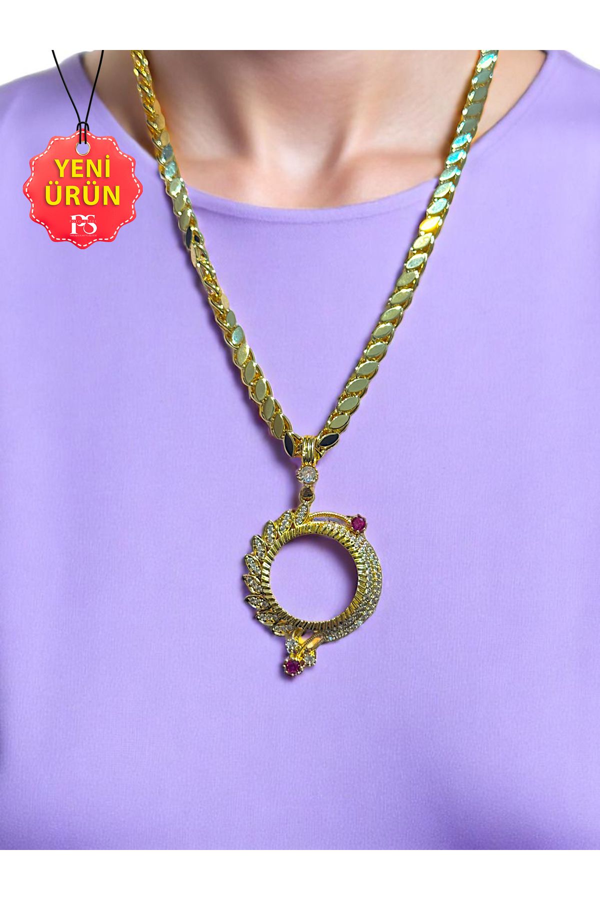 stainless steell Medusa Tam Altın Çerçeveli Kolye (Altın Kaplama) – Arpa Pullu Zincir 60 cm – Mor Elmas