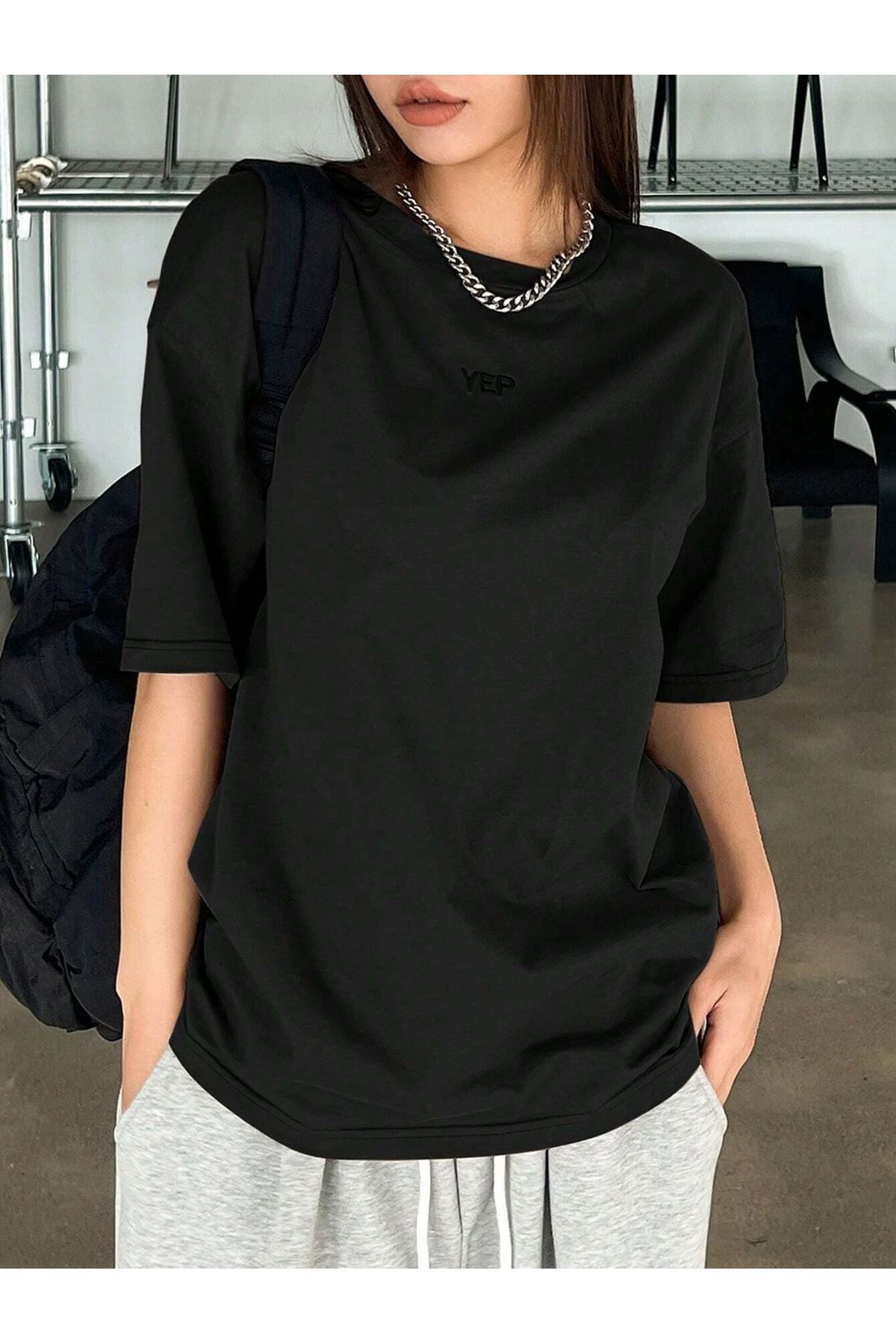 Hunors Sportswear & Company Yep T-Shirt - Siyah Baskılı Oversize Bisiklet Yaka Kısa Kol