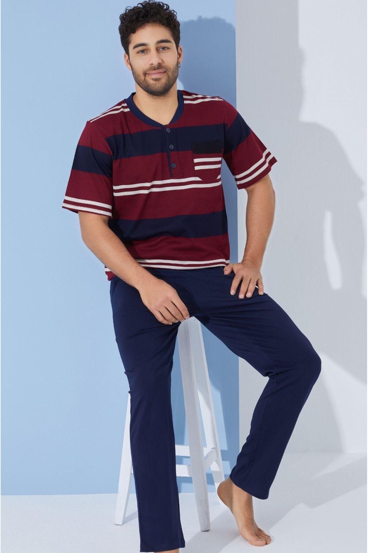 seamlife Erkek %100 Pamuklu Bordo Lacivert Çizgili Bisiklet Yaka Düğmeli Kısa Kollu Pijama Takımı