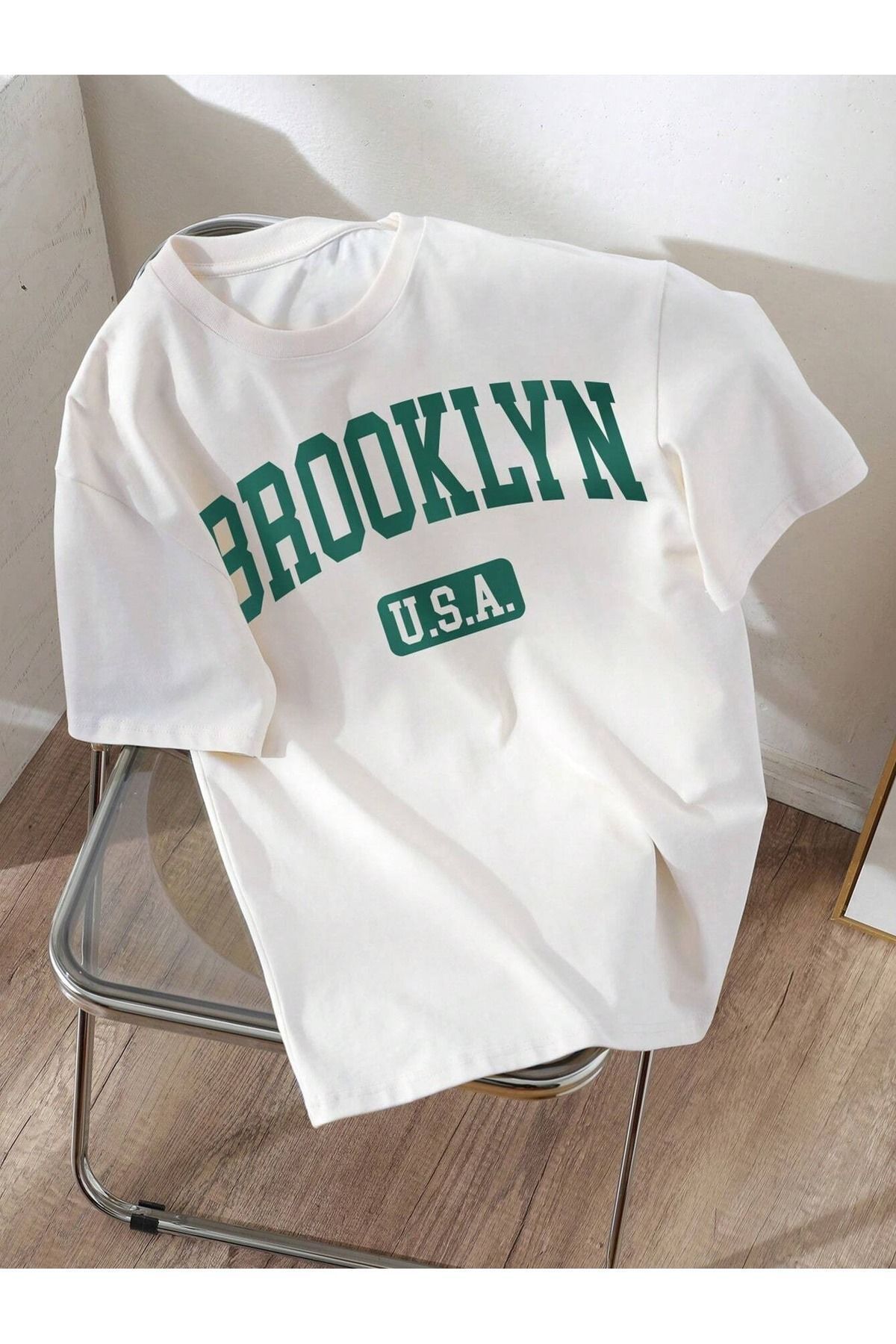 Boi Brooklyn Usa T-Shirt - Beyaz Baskılı Oversize Bisiklet Yaka Kısa Kol