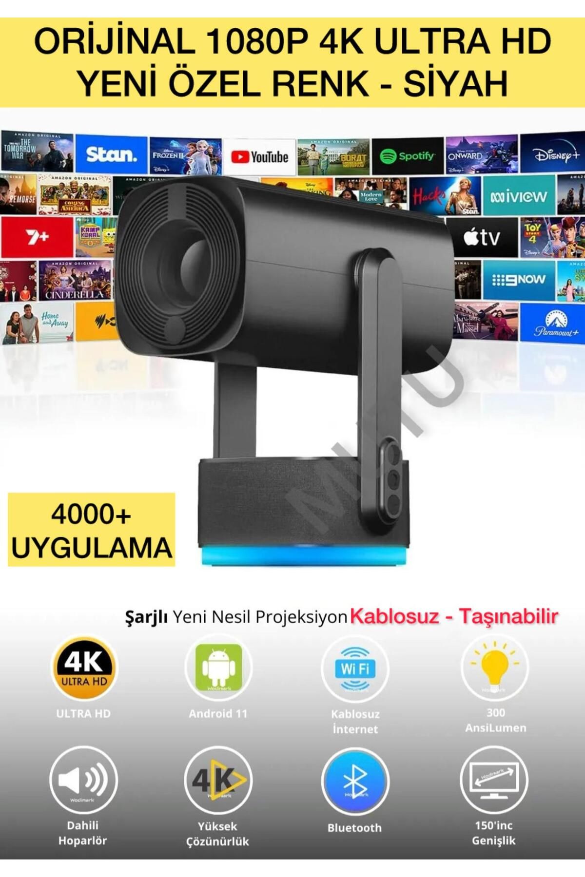 MUTU Kablosuz Sonversiyon 1080p 4k Şarjlı Taşınabilir Projeksiyon Android Wifi Bt Akıllı Sinema Projektör