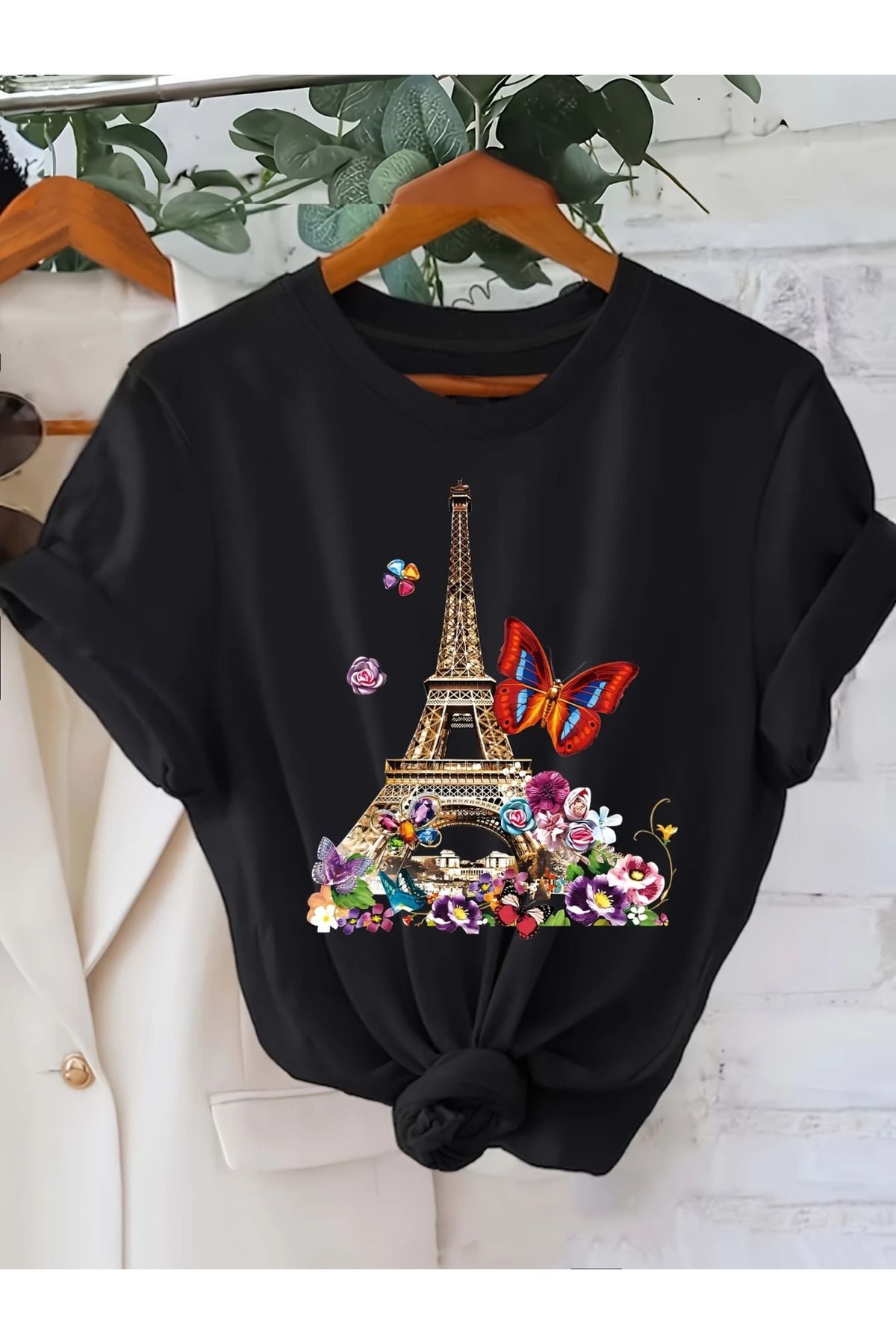Boi Eiffel Kelebek & Çiçek Baskılı Kadın Pamuk T-shirt
