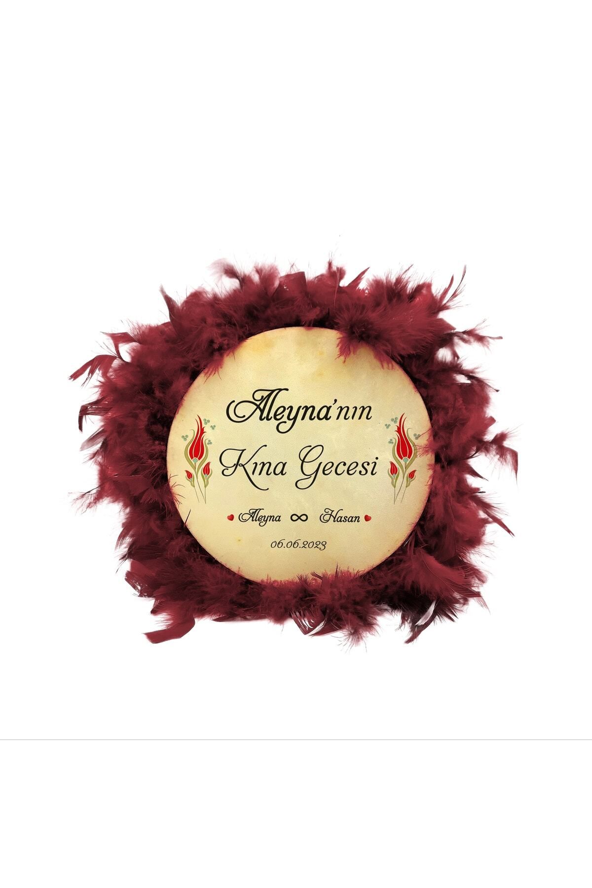 Souvenest Kına Tefi Deri Tef 22 Cm Kişiye Özel Küçük Boy Bordo Tüylü (S22BBOTEF)