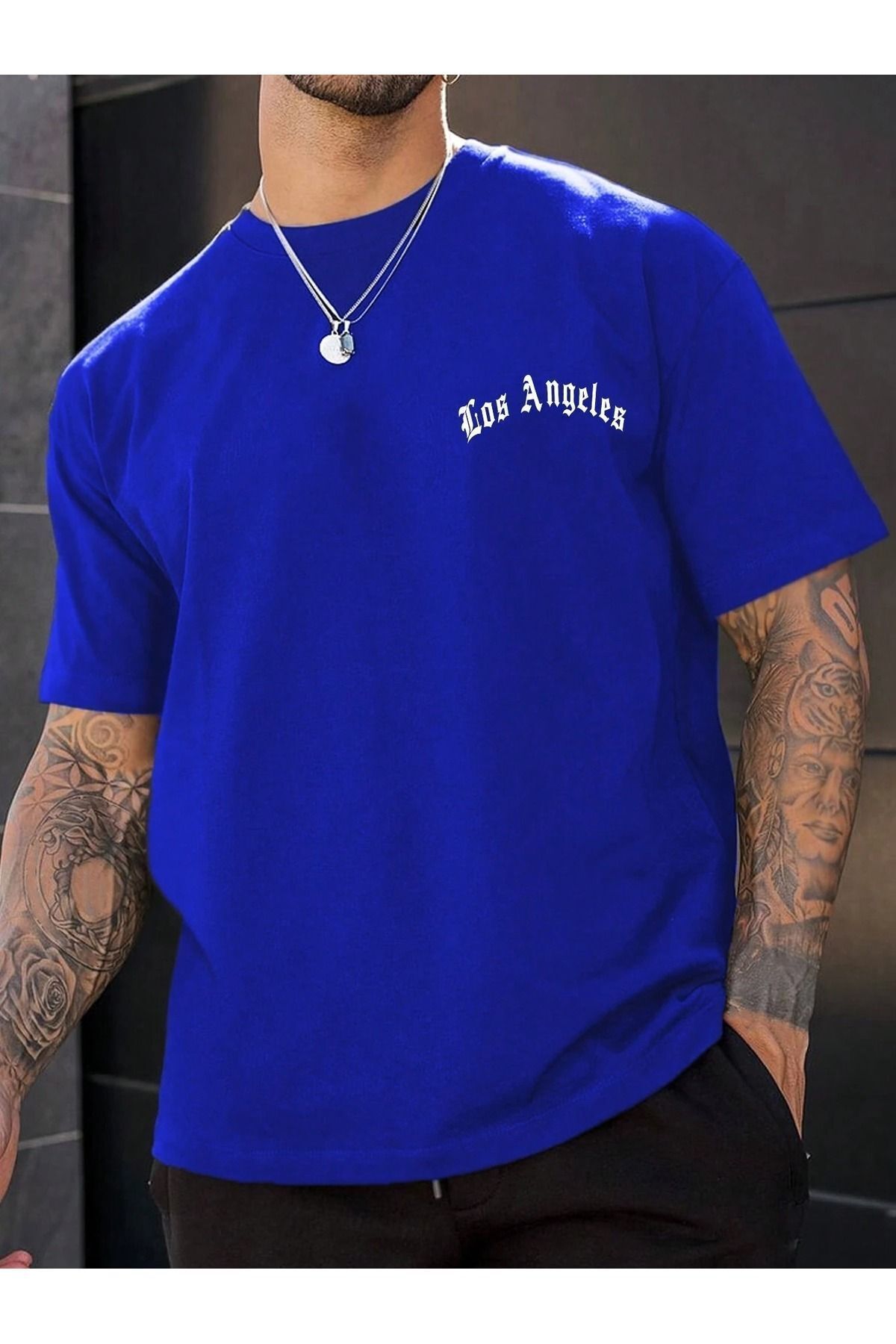Boi Los Angeles Minimal T-Shirt - Sax Saks Mavisi Baskılı Oversize Bisiklet Yaka Kısa Kol