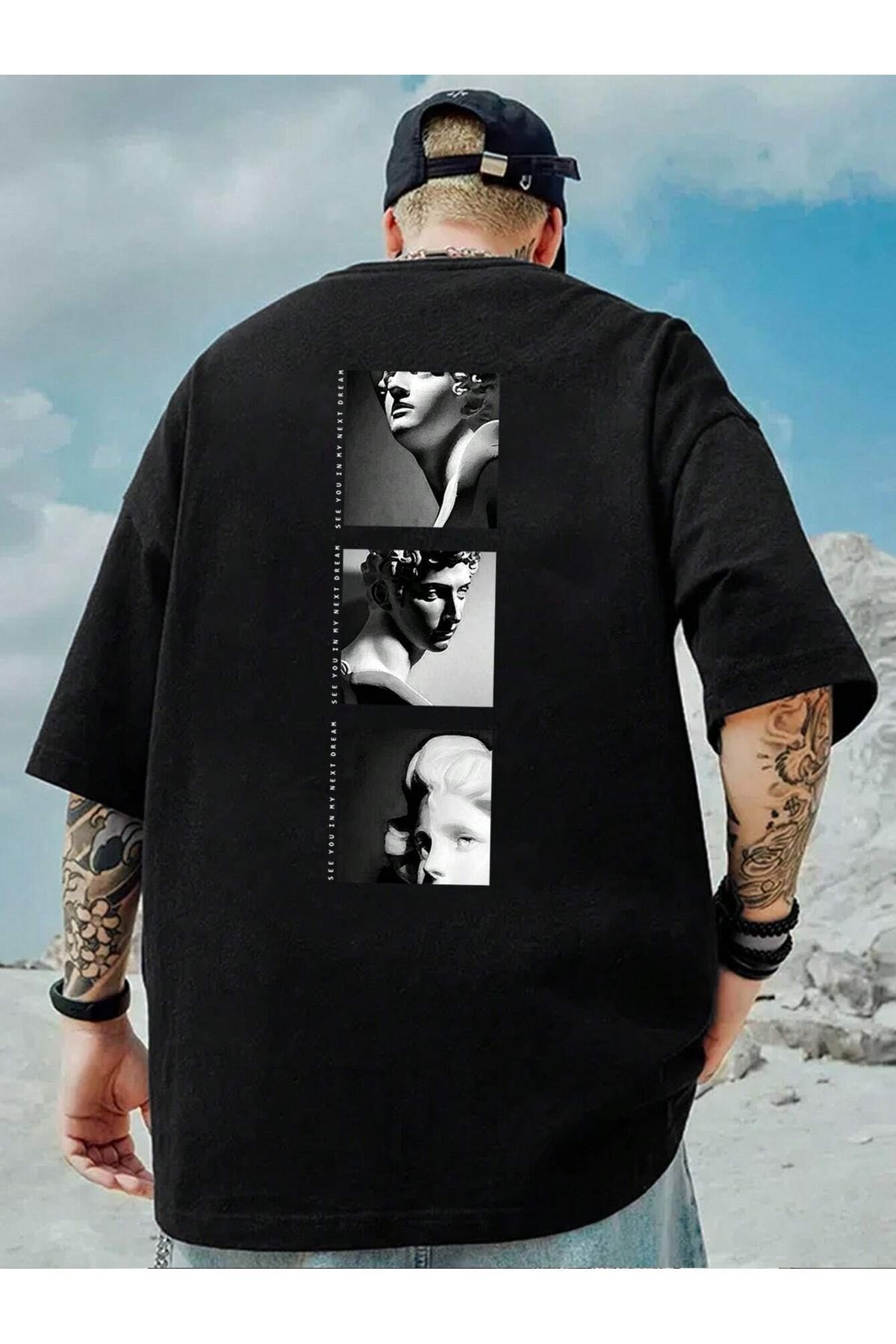 Boi Heykel Tasarım T-Shirt - Siyah Baskılı Oversize Bisiklet Yaka Kısa Kol