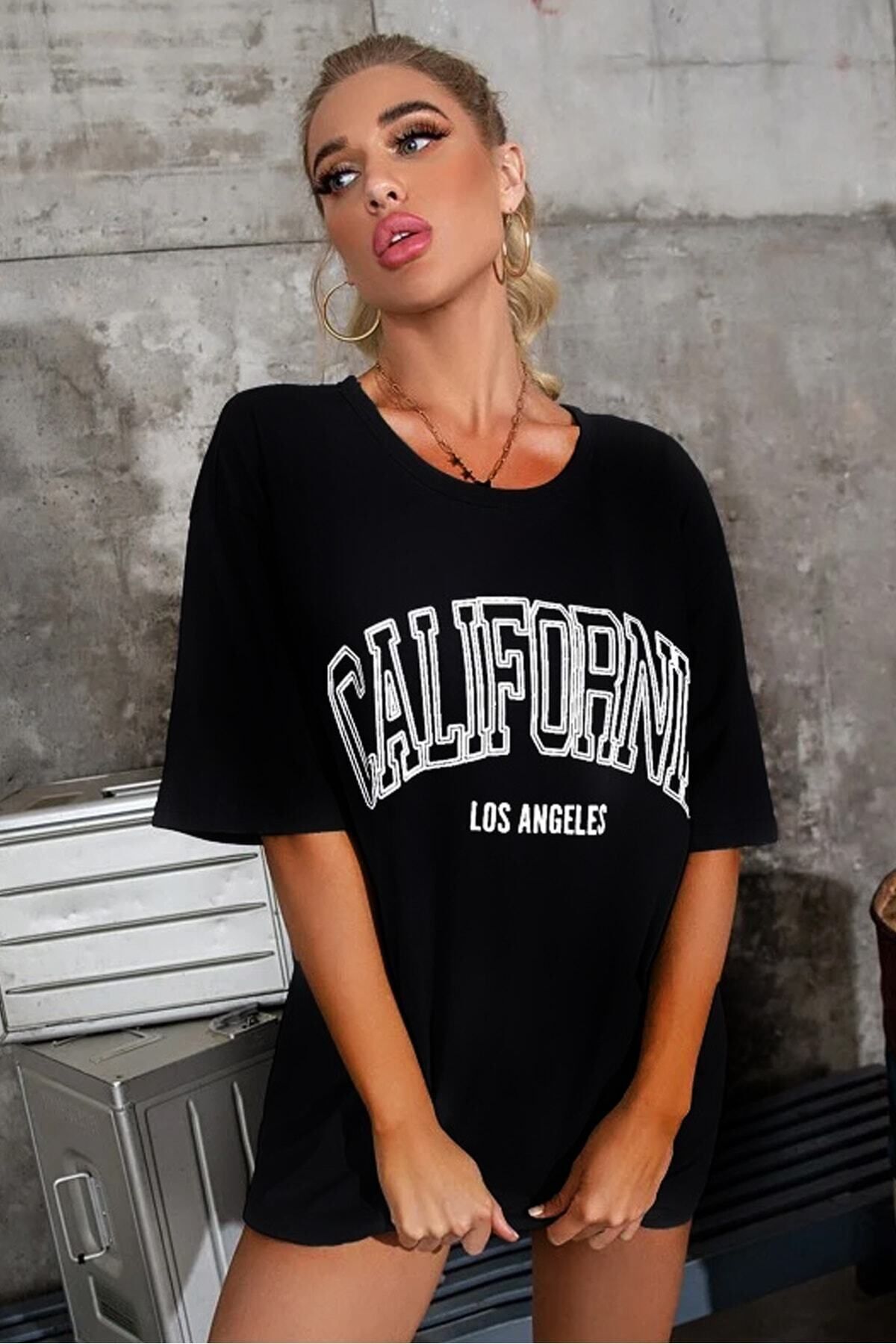 Hunors Sportswear & Company Unisex Kadın Siyah Oversize California Los Angeles Baskılı T-shirt