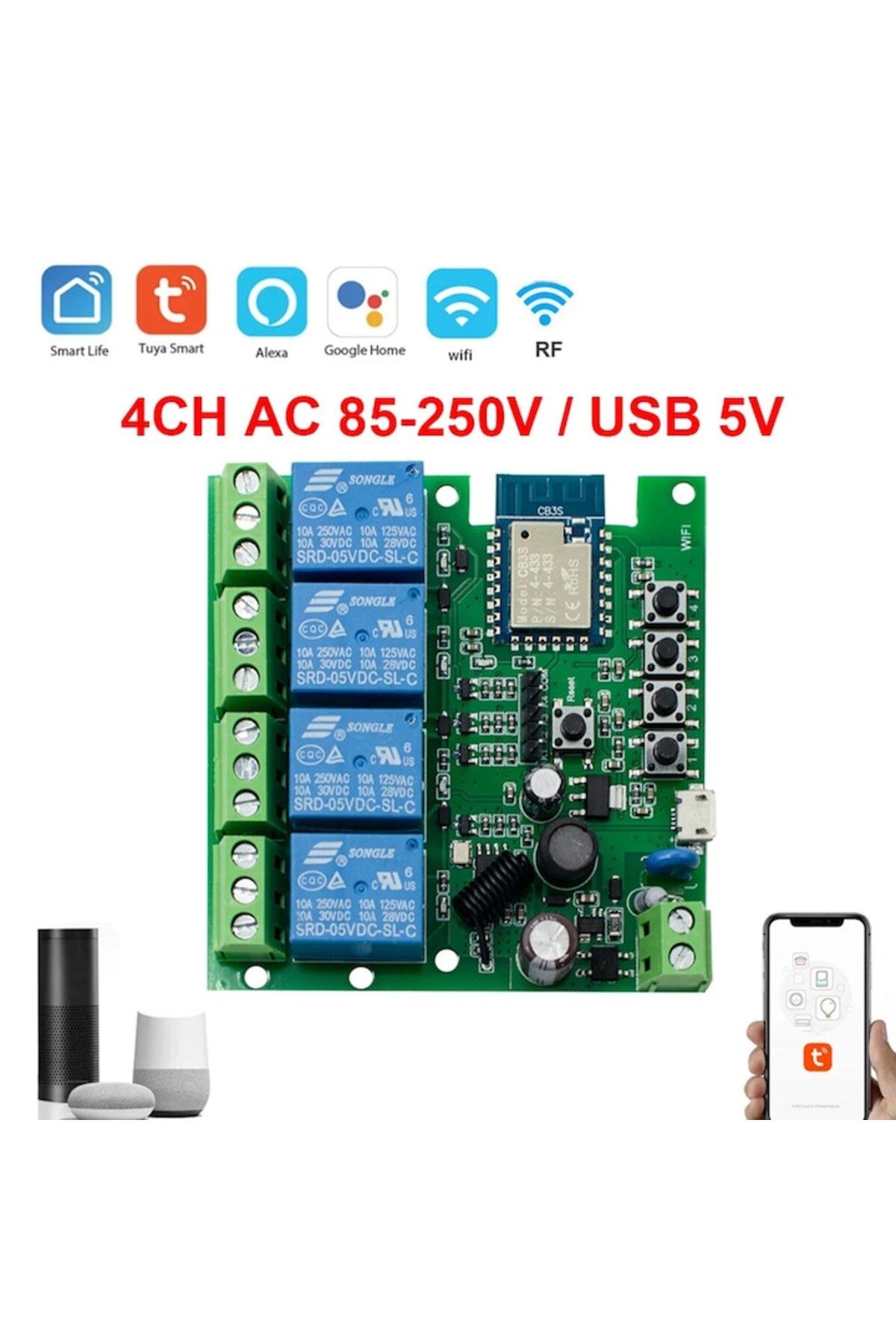 OEM-Smart WiFi Relay with 3 Modes and 4 Channels, DIY, 85-250V, Compatible with Tuya/SmartLife 3