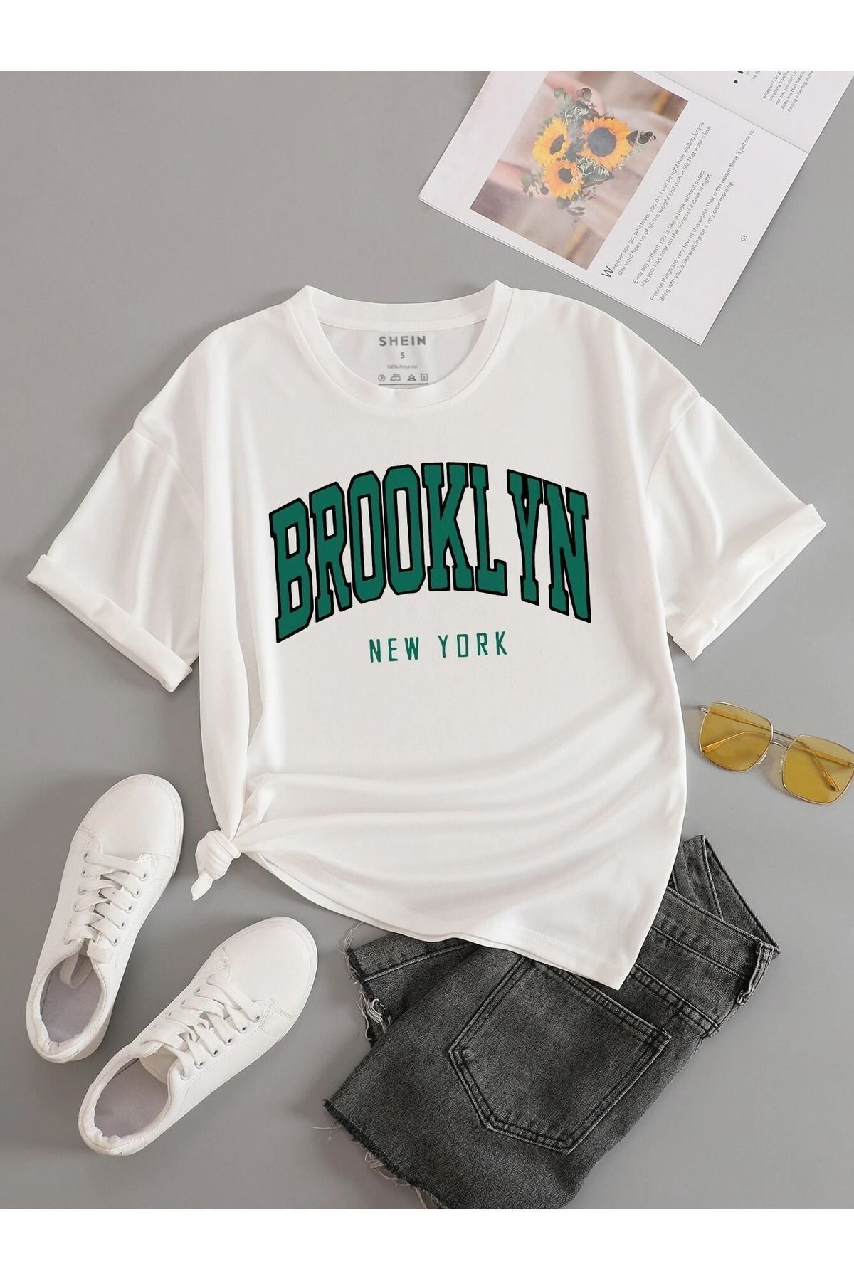 Hunors Sportswear & Company Brooklyn New York T-Shirt - Beyaz Baskılı Oversize Bisiklet Yaka Kısa Kol