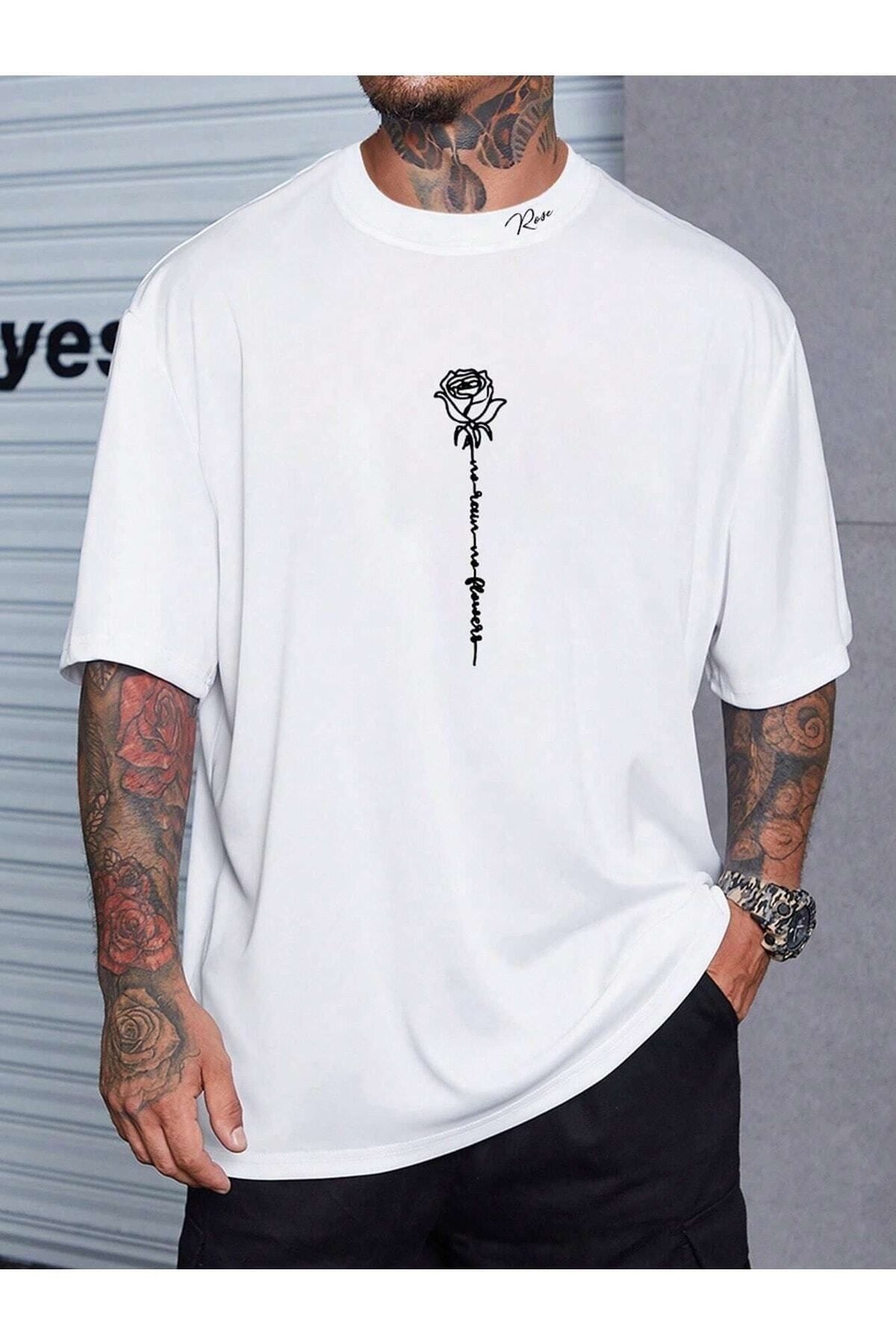 Hunors Sportswear & Company Rose Baskılı Oversize Erkek T-shirt Salaş Boyfirend