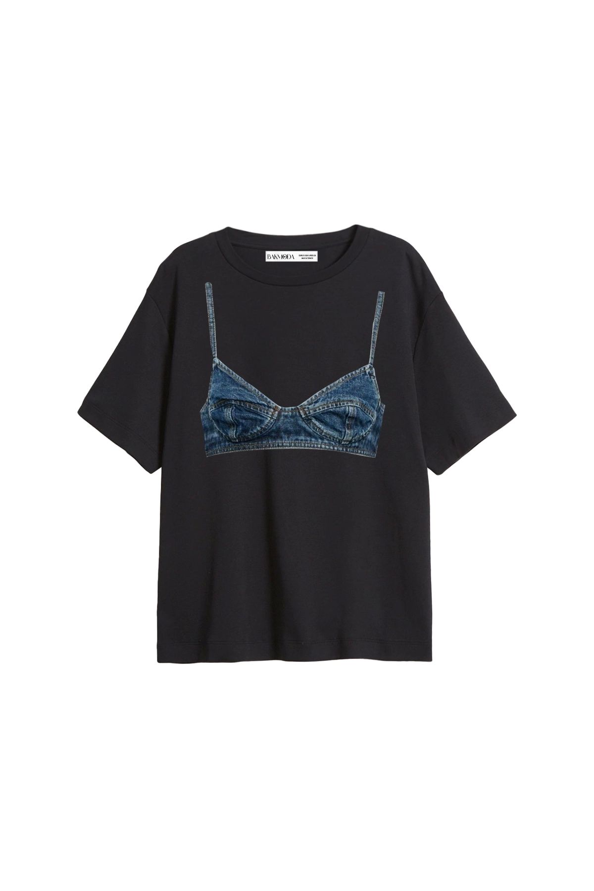 CİNEMA MODA Denim Bra Baskılı Relaxed Fit Siyah Kadın Tshirt
