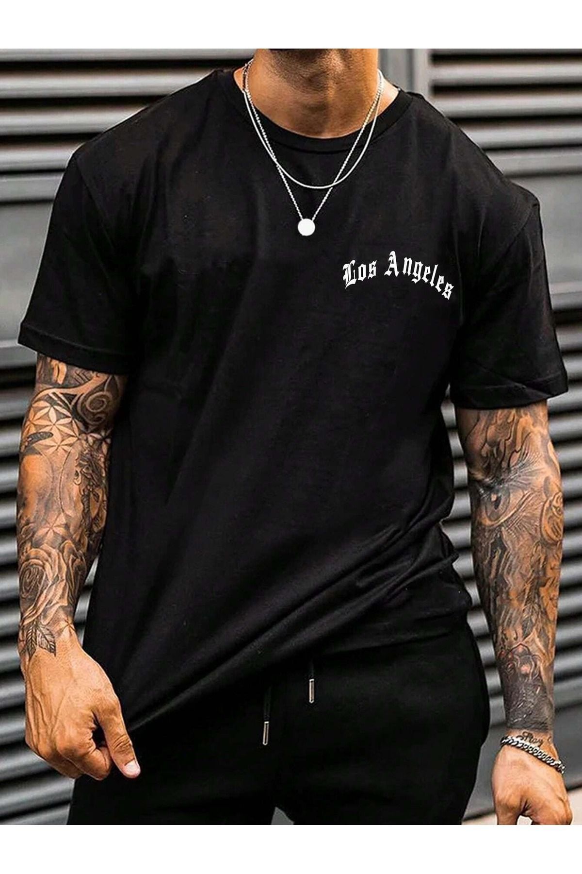 Hunors Sportswear & Company Los Angeles Minimal T-Shirt - Siyah Baskılı Oversize Bisiklet Yaka Kısa Kol