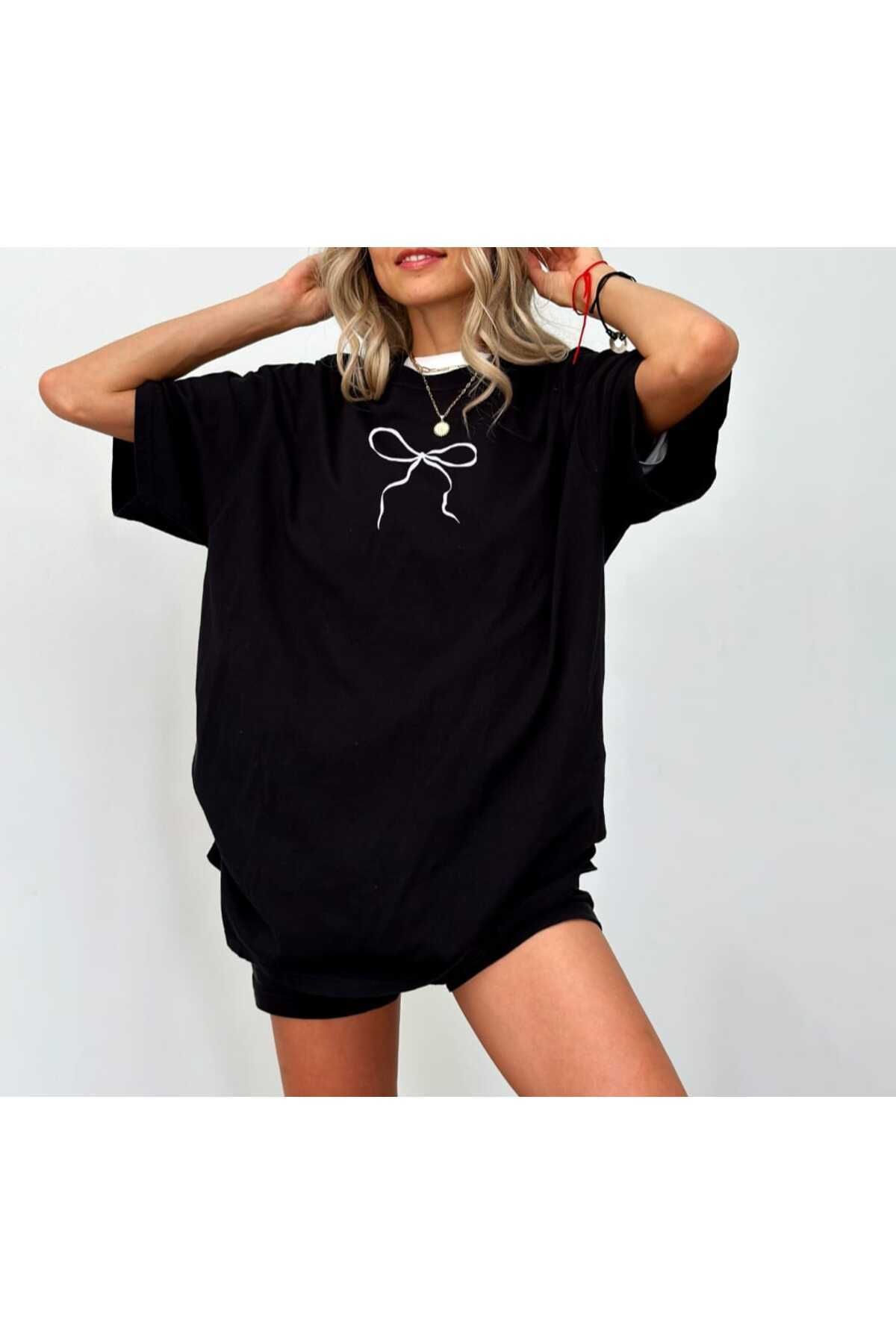 Hunors Sportswear & Company Kadın Fiyonk Baskılı Siyah Oversize T-shirt Salaş Boyfirend
