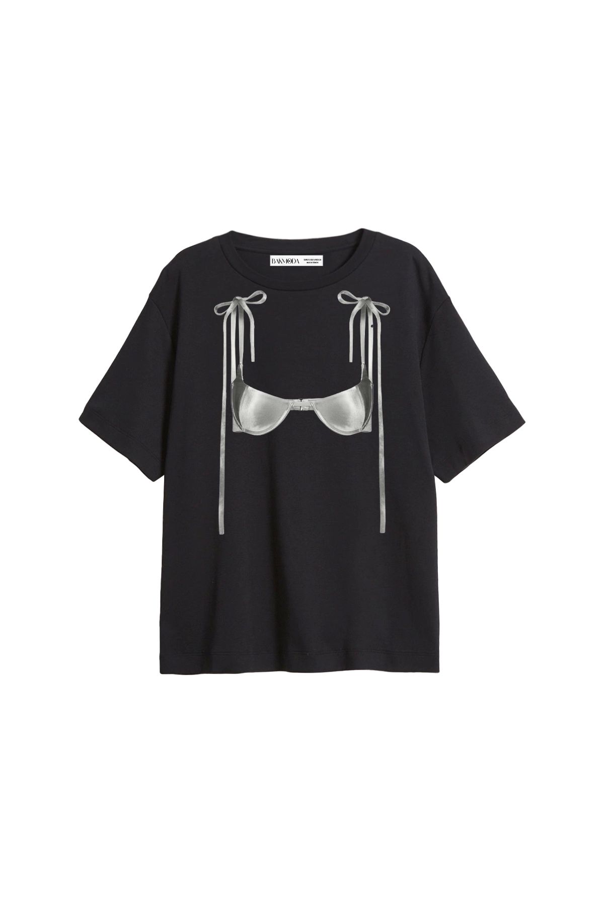 CİNEMA MODA Ribbon Bikini Baskılı Relaxed Fit Siyah Kadın Tshirt