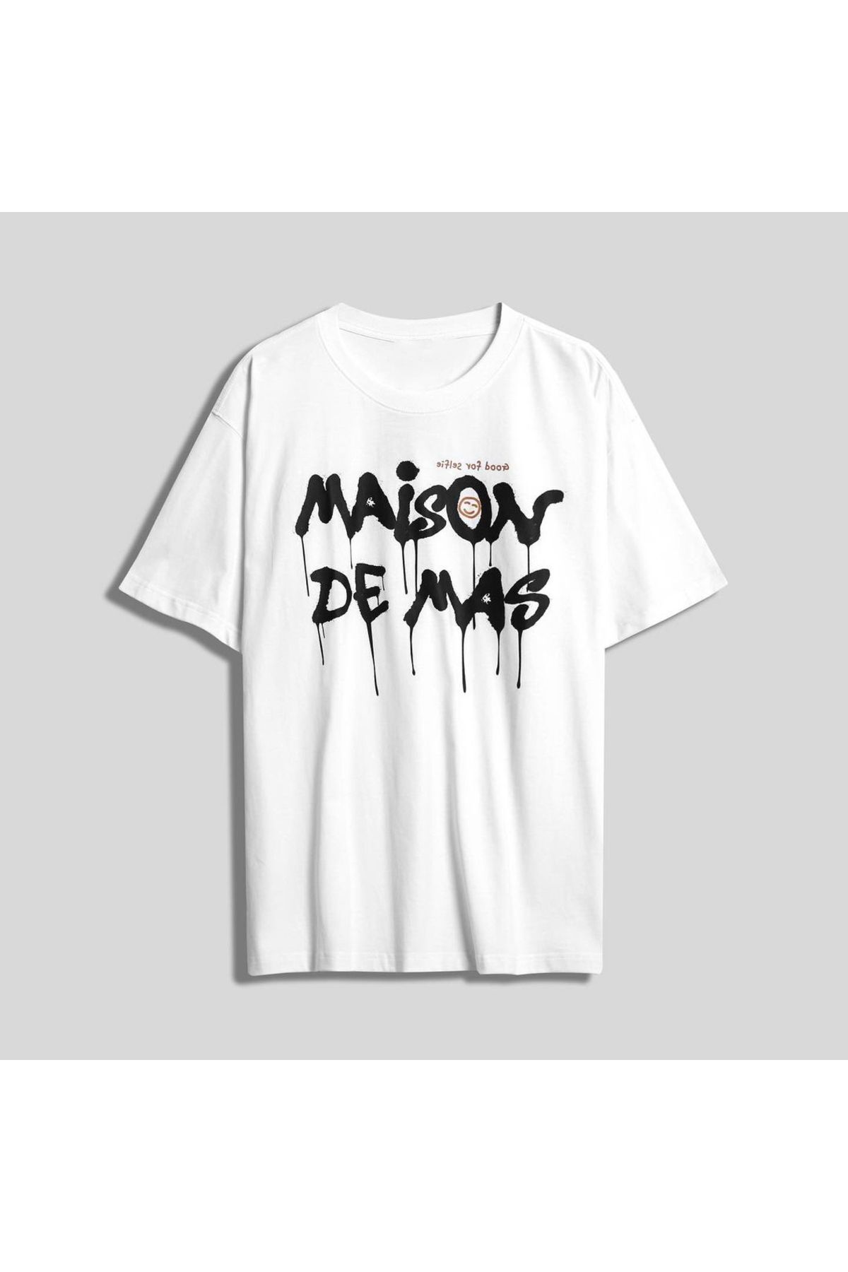 Boi Maison Tasarım T-Shirt - Beyaz Baskılı Oversize Bisiklet Yaka Kısa Kol
