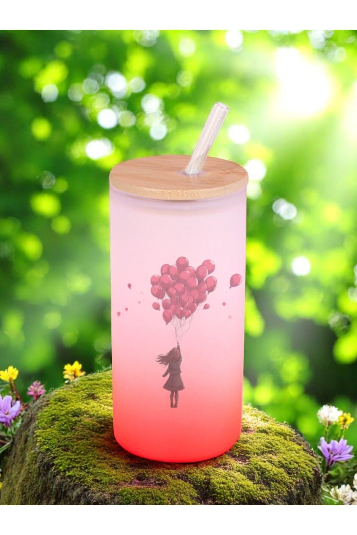 lili hediyelik Balonlu Kız Baskılı Cam Pipetli Suluk Matara 600 ml
