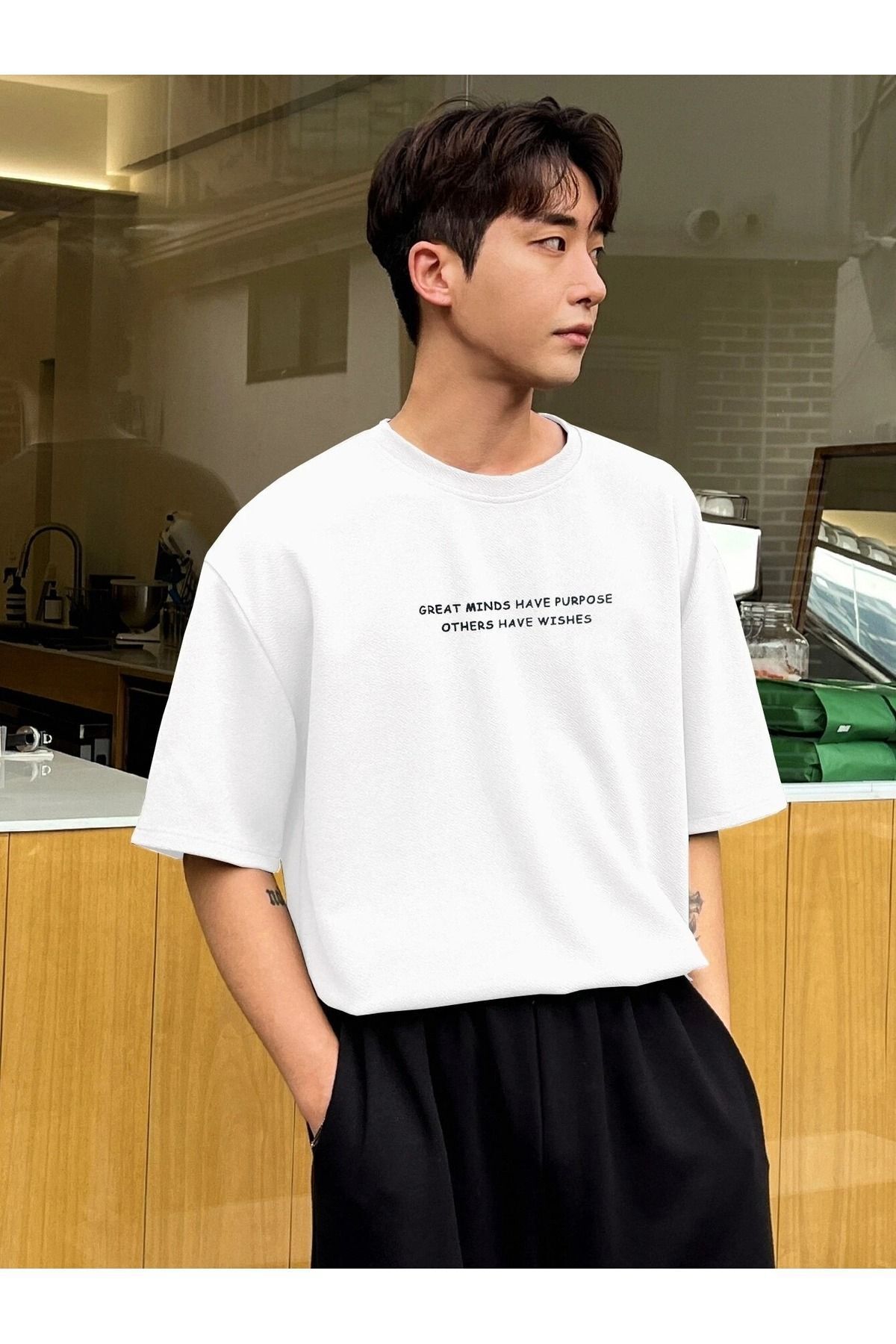 Boi Minds Purpose T-Shirt - Beyaz Baskılı Oversize Bisiklet Yaka Kısa Kol