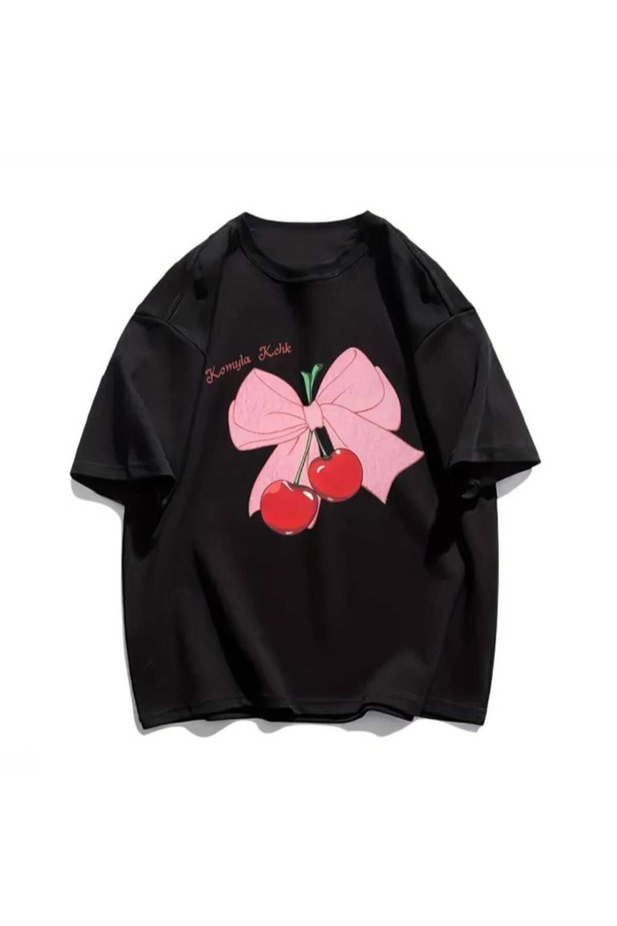 Hunors Sportswear & Company Siyah Kurdele Kiraz T-Shirt - Baskılı Oversize Bisiklet Yaka Kısa Kol