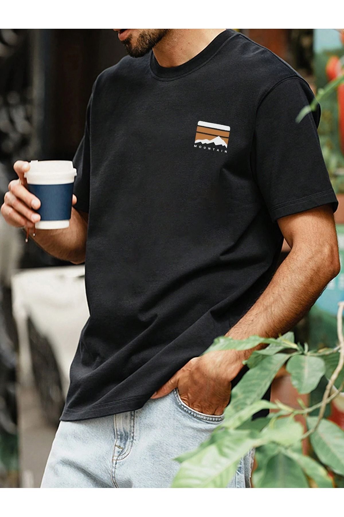 Boi Mountain Logo T-Shirt - Siyah Baskılı Oversize Bisiklet Yaka Kısa Kol