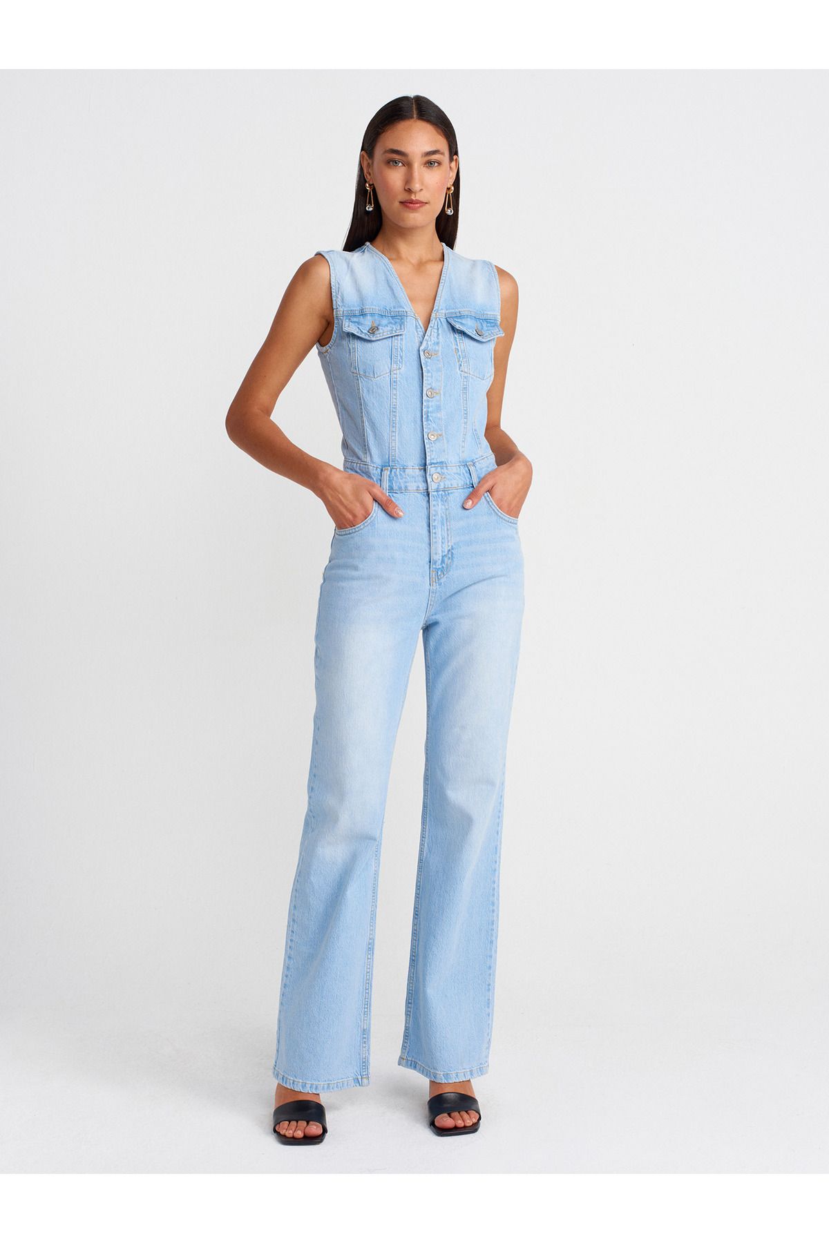 Dilvin 72006 Comfort Likra Uzun Denim Tulum-Mavi