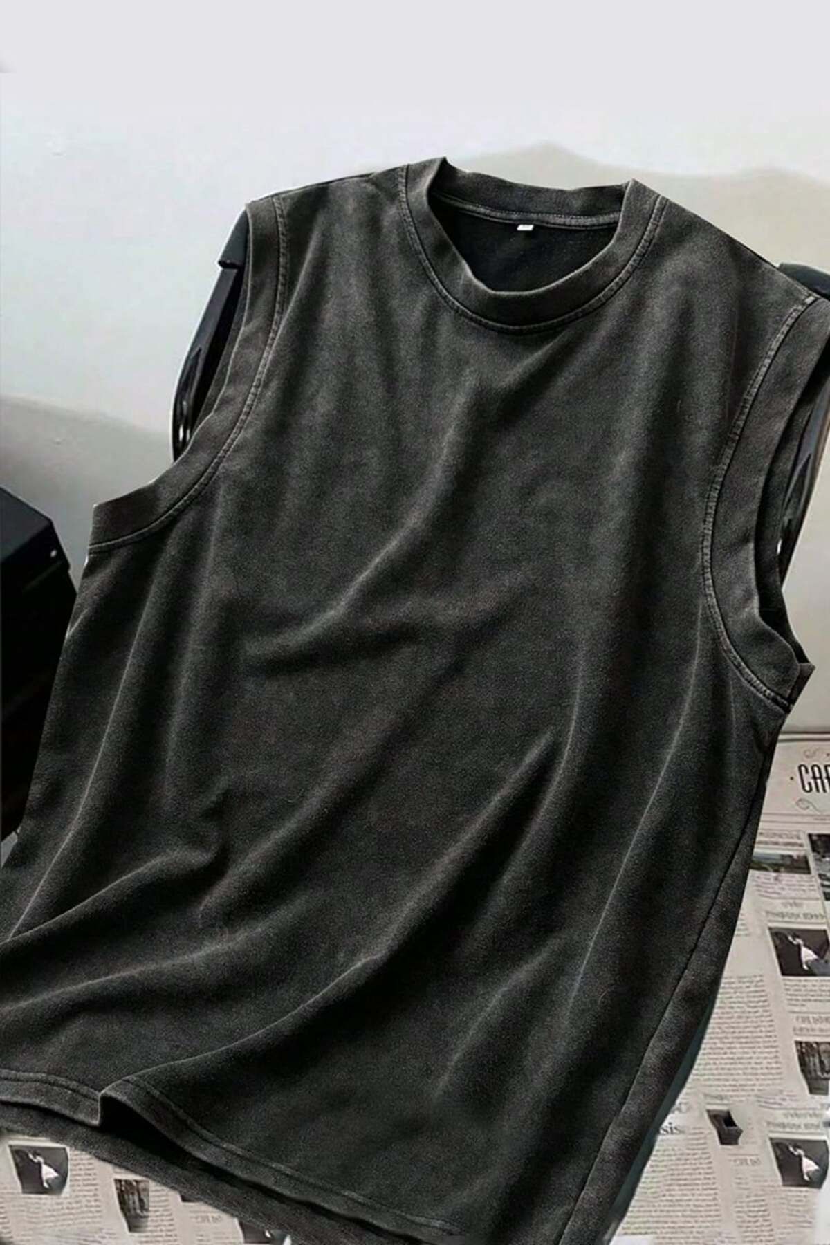 Karakedi Vintage Streetwear Unisex Yıkamalı Kumaş Kolsuz T-shirt