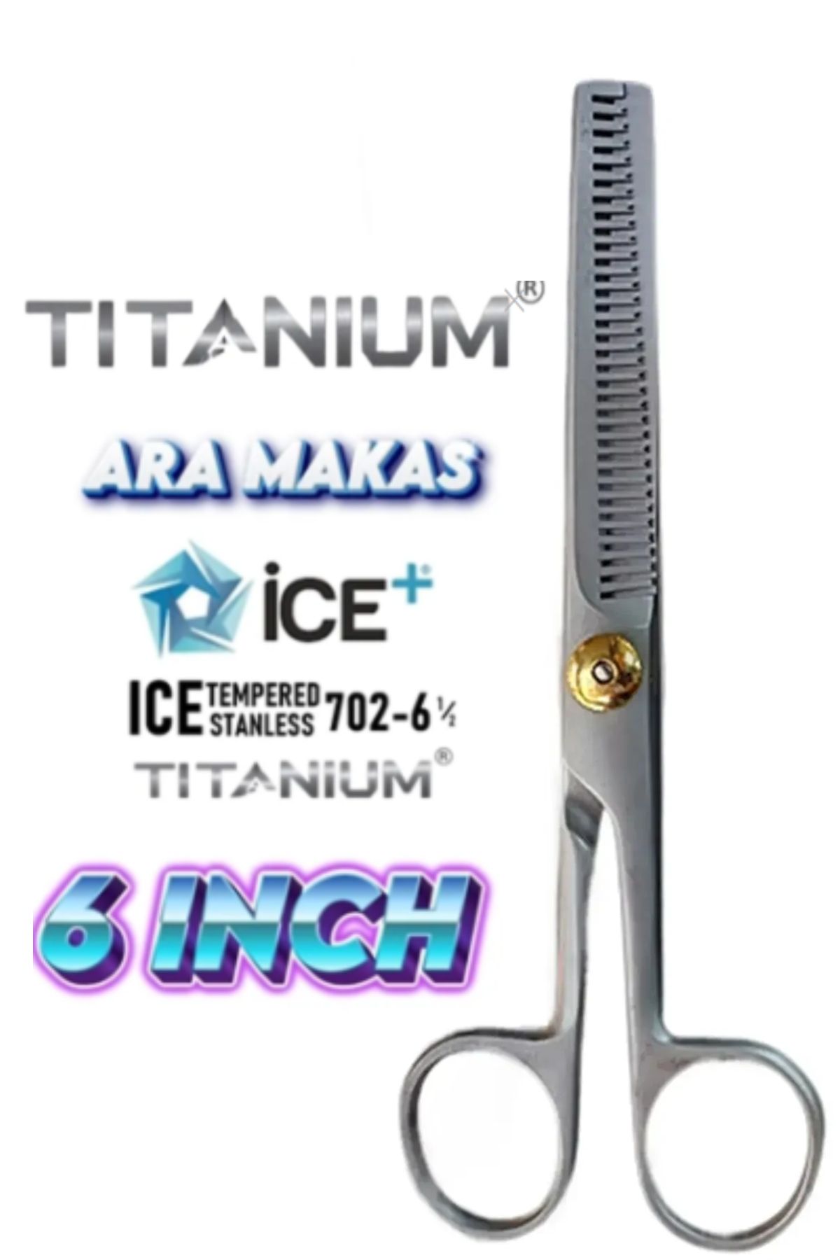 ESENLİWE Kuaför Saç Sakal Kesme Makas Ice Profesyonel Berber Çelik Saç Kesim Ara Makası 16 Cm