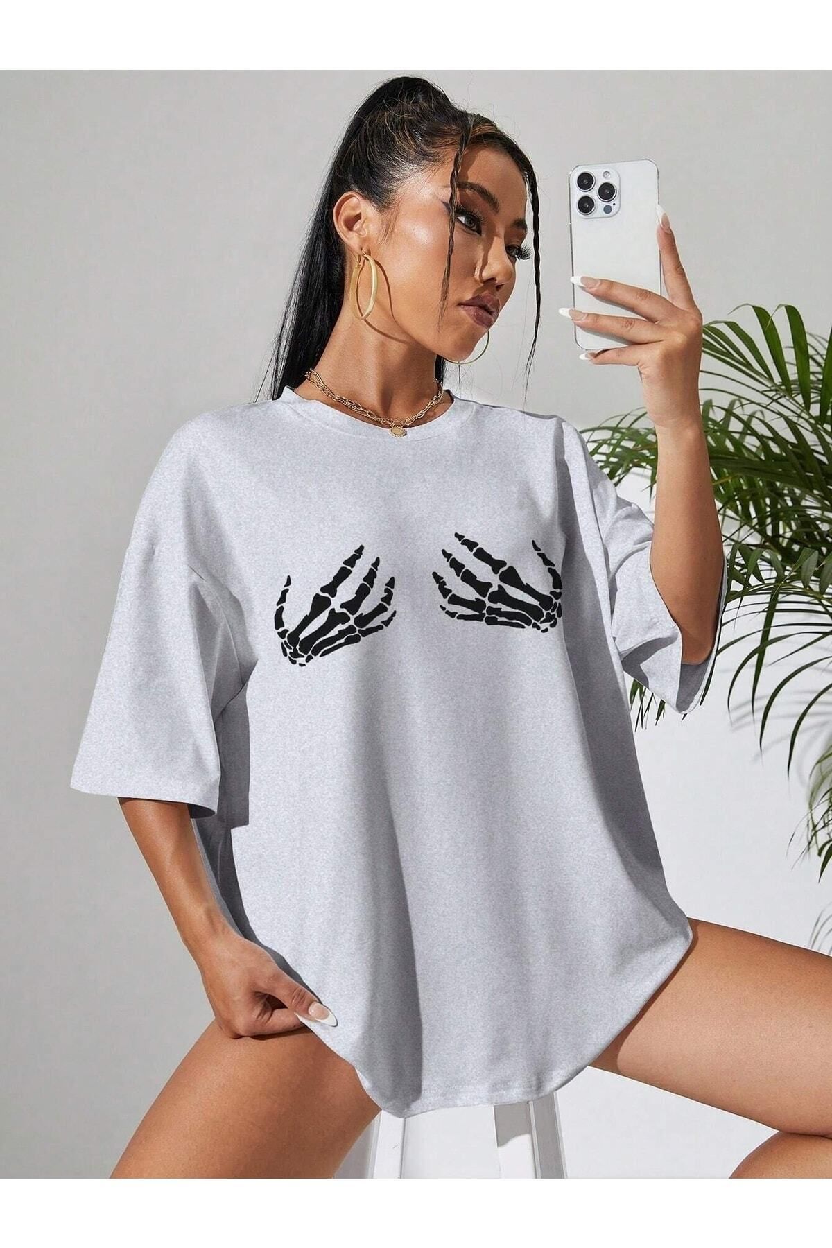 Hunors Sportswear & Company Kadın / Kız Iskelet Eli Baskılı Oversize T-shirt Salaş Boyfirend