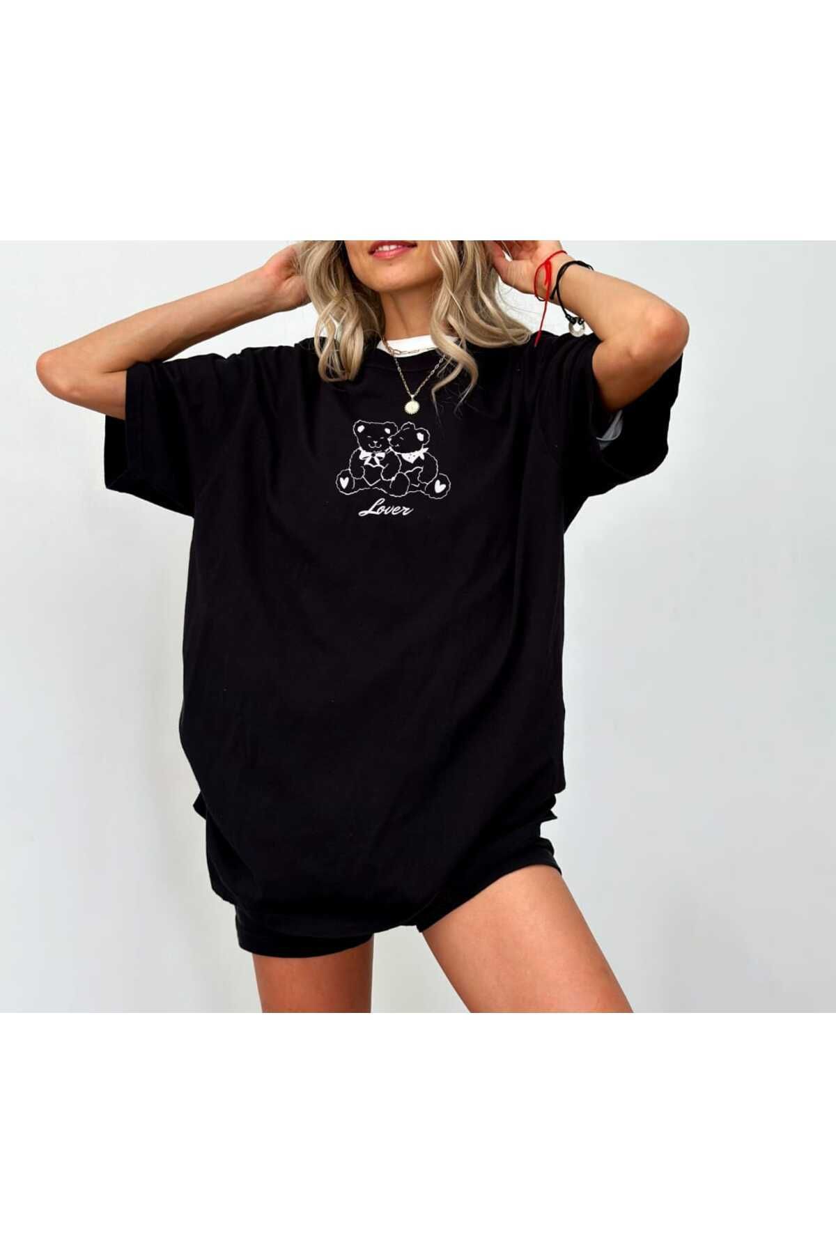 Hunors Sportswear & Company Bear Lover Baskılı Siyah Kadın Oversize T-shirt Salaş Boyfirend