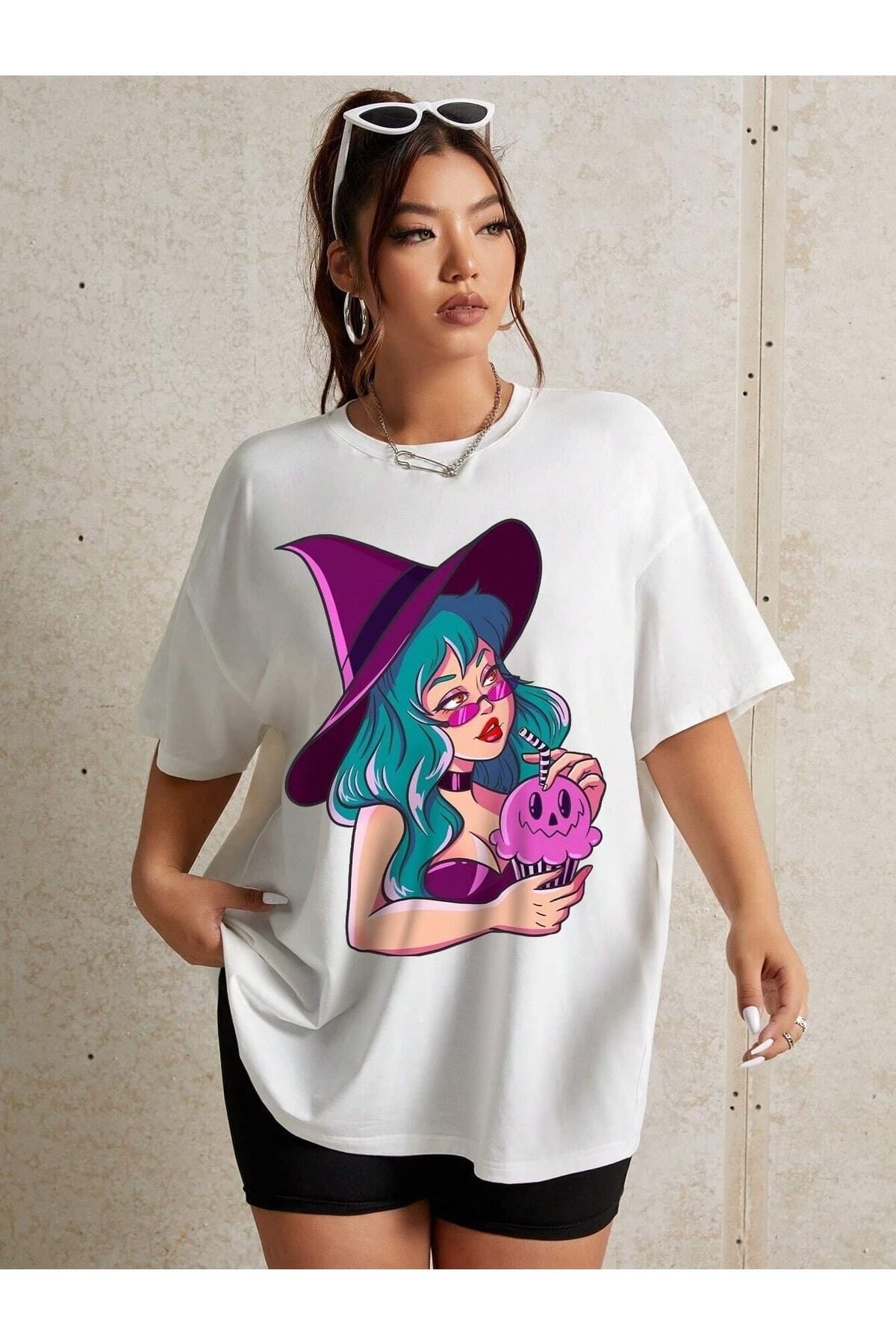Hunors Sportswear & Company Kadın / Kız Mor Şapkalı Cadı Baskılı Oversize T-shirt Salas Boyfriend