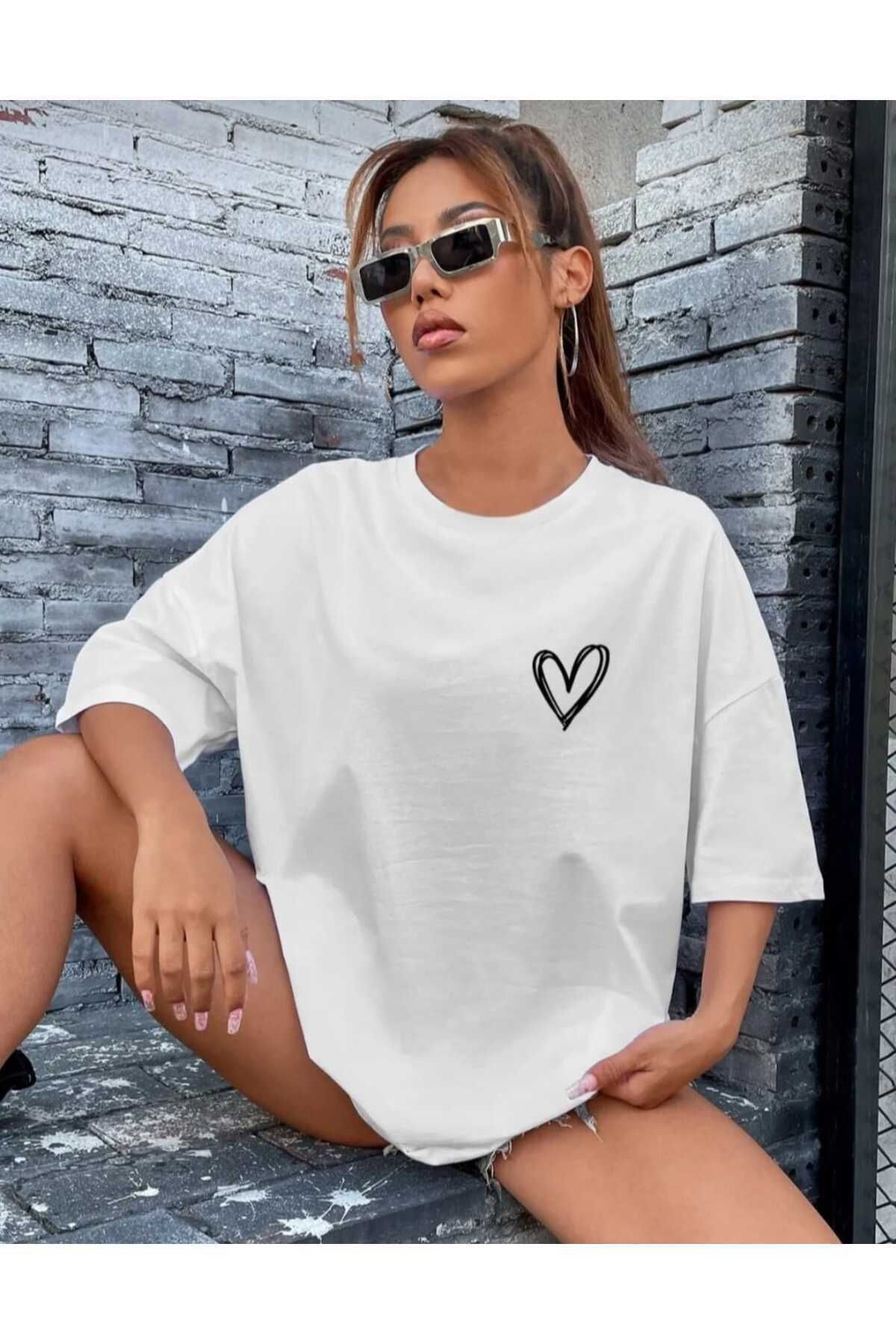 Boi Tiny Heart Baskılı Kadın / Kız Oversize Salas T-shirt Boyfriend