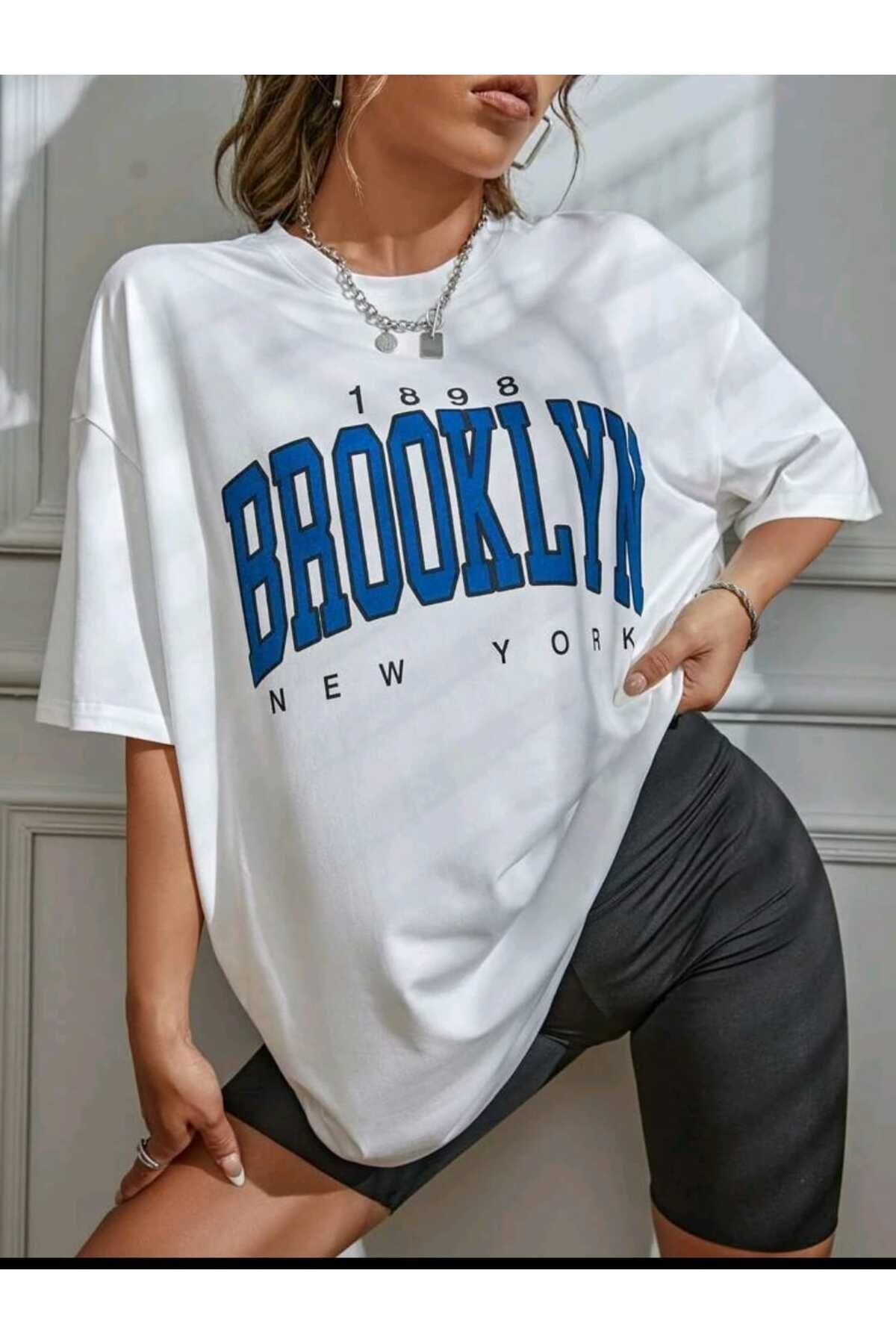 Hunors Sportswear & Company Kadın / Kız Brooklyn Baskılı Oversize Salaş Beyaz T-shirt Ünisex Boyfirend