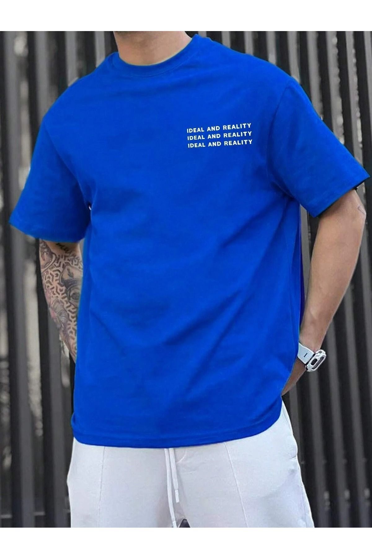 Hunors Sportswear & Company Ideal And Reality T-Shirt - Sax Saks Mavisi Baskılı Oversize Bisiklet Yaka Kısa Kol