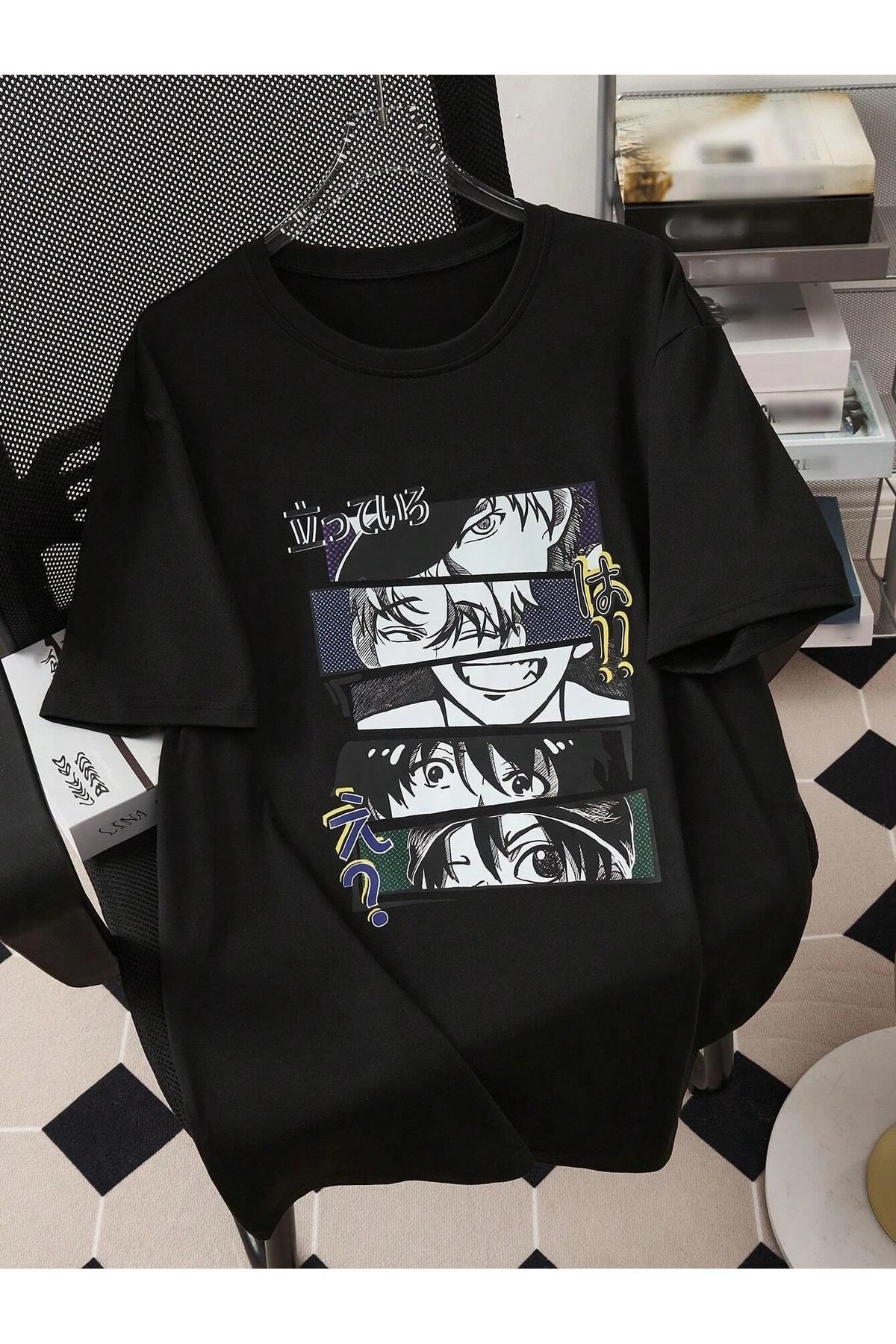 Boi Anime Karekterler T-Shirt - Siyah Baskılı Oversize Bisiklet Yaka Kısa Kol