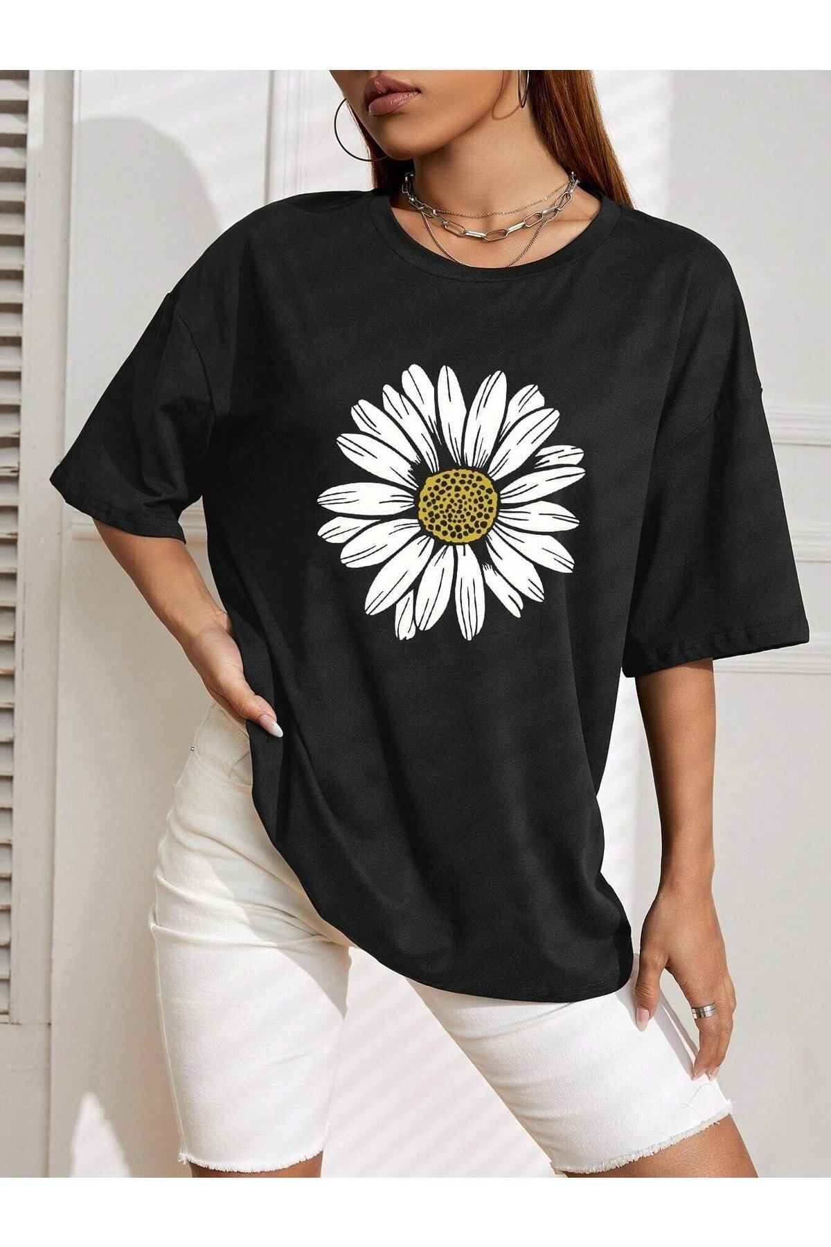 Boi Kadın / Kız Papatya Baskılı Siyah Oversize T-shirt Salaş Boyfirend