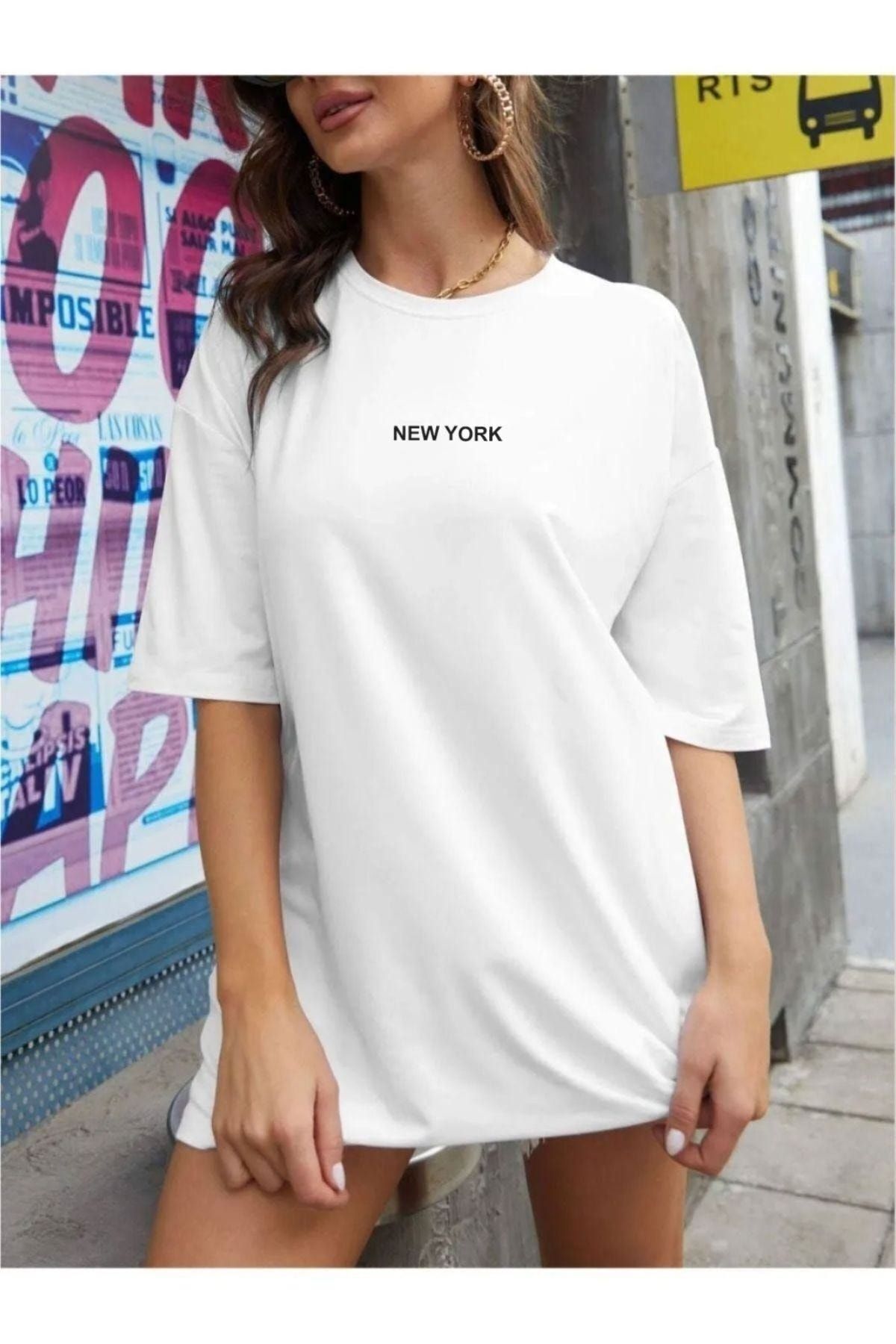 warn Beyaz New York Yazılı T-Shirt - Baskılı Oversize Bisiklet Yaka Kısa Kol
