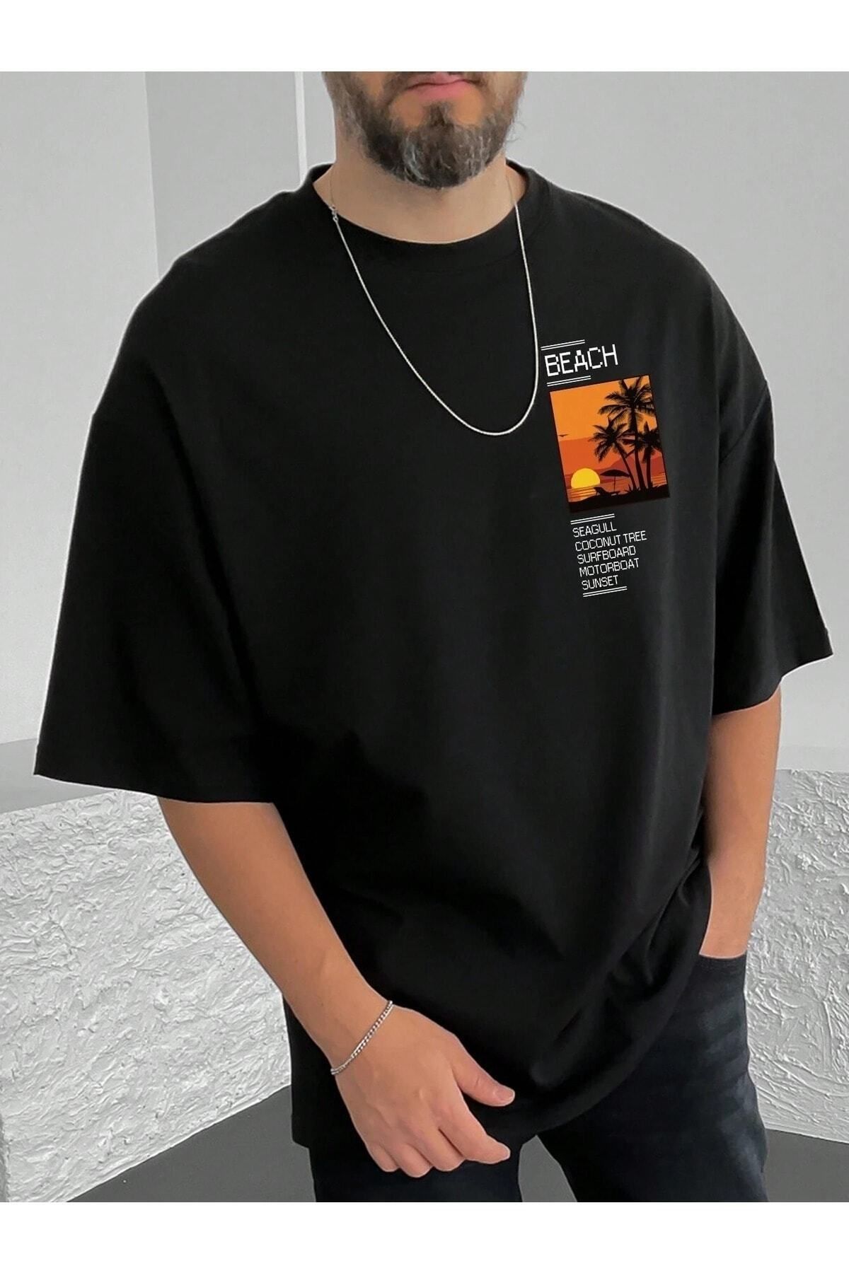 Hunors Sportswear & Company Beach Resim Baskılı Oversize Erkek T-shirt Salaş Boyfirend