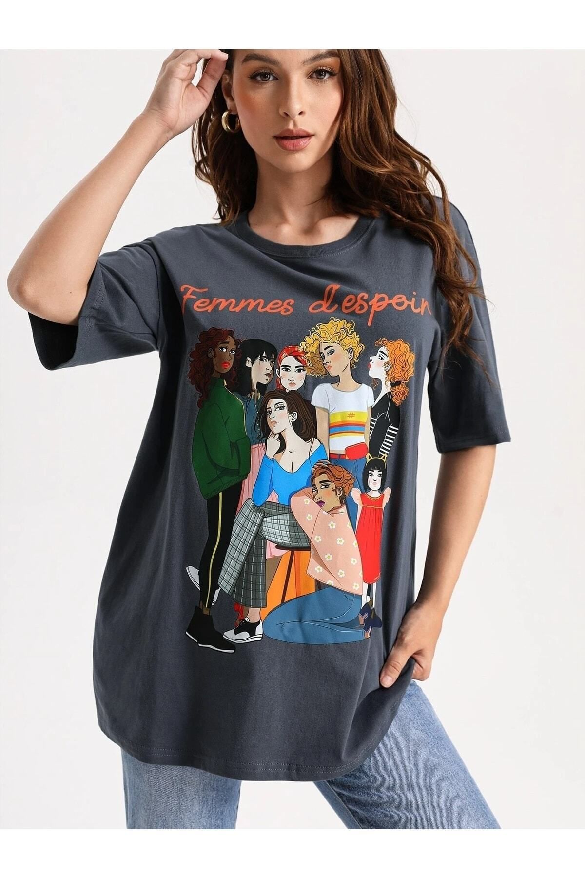 Hunors Sportswear & Company Womens Baskılı Kadın / Kız Oversize Füme Salas T-shirt Boyfriend