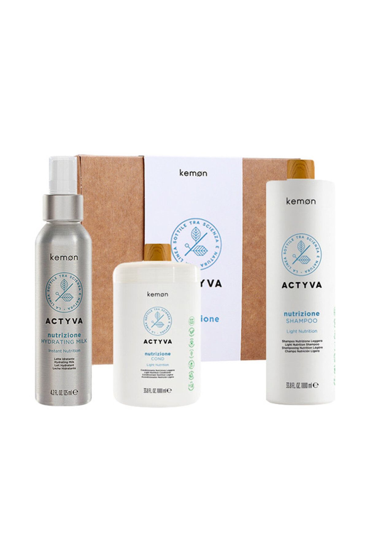 Kemon-Set hidratare Actyva Nutrizione, șampon 1000 ml + balsam 1000 ml + lapte 125 ml 1
