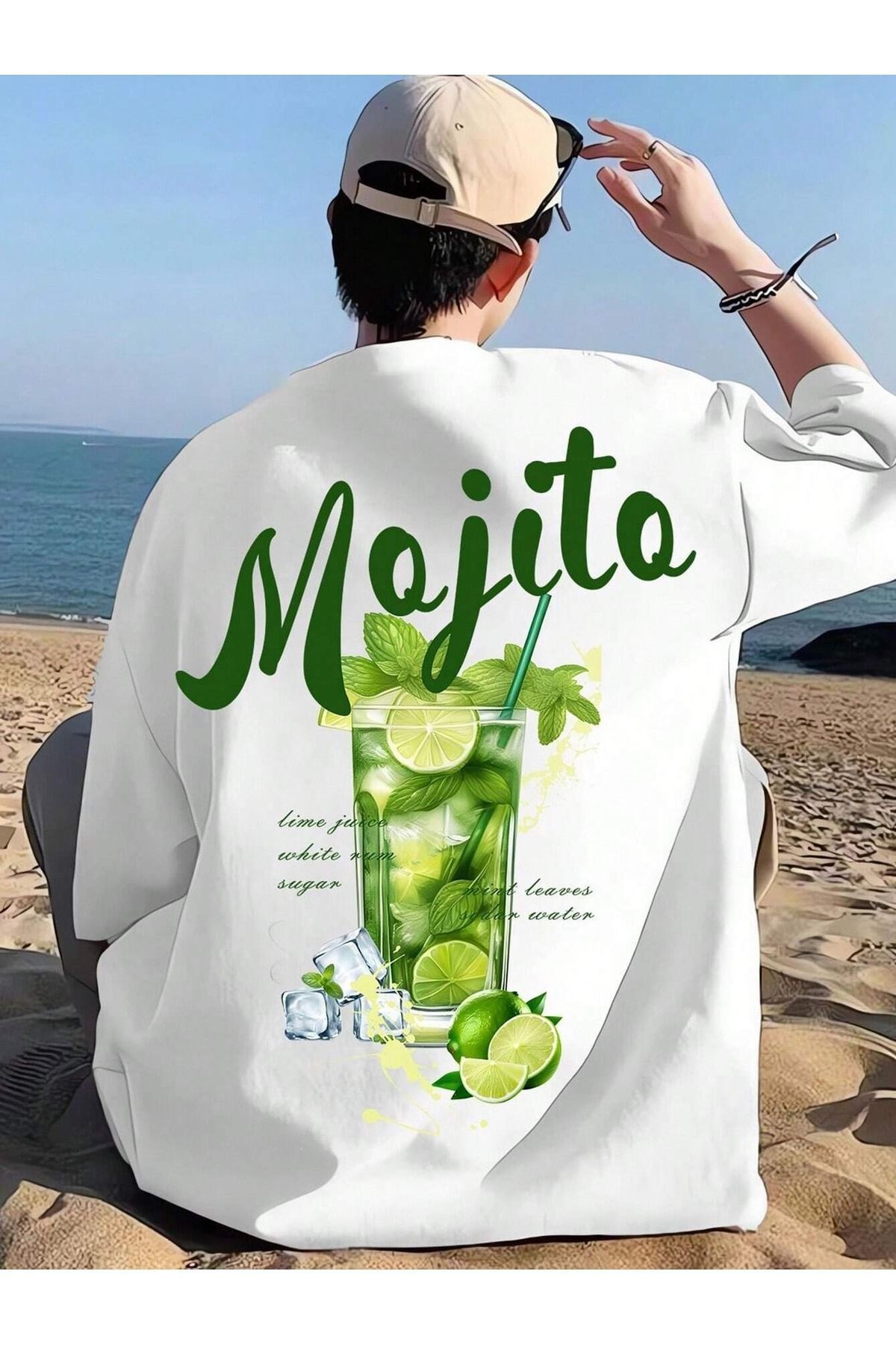 Boi Mojito T-Shirt - Beyaz Baskılı Oversize Bisiklet Yaka Kısa Kol
