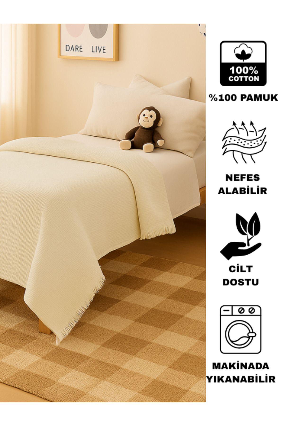 Bhoota Home Tek Kişilik 4 Katlı Müslin %100 Pamuk Yatak Örtüsü, Nefes Alabilen Kumaş 175x230