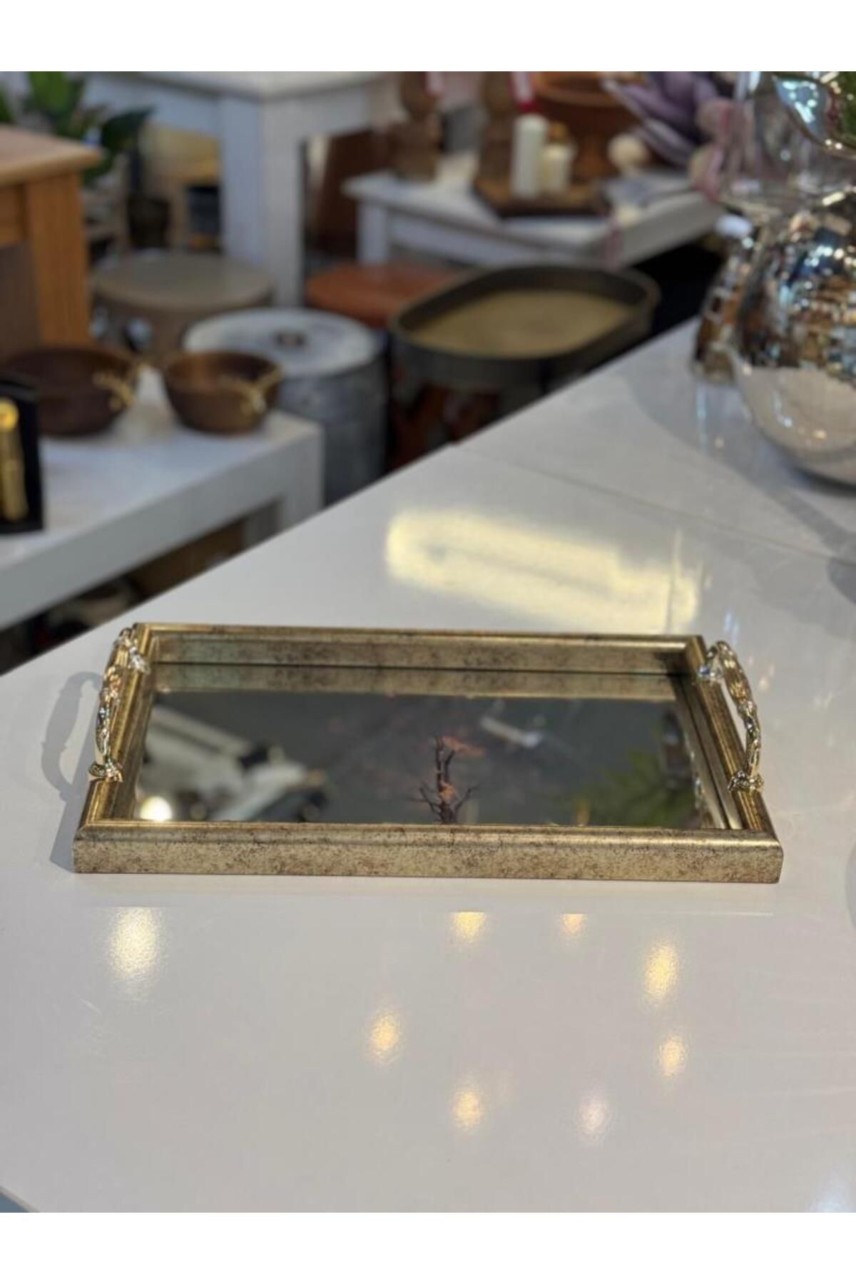 ÇIRPAN EV ALTIN ESKİTME AĞAÇ DESEN DİKDÖRTGEN TEPSİ 40X25CM