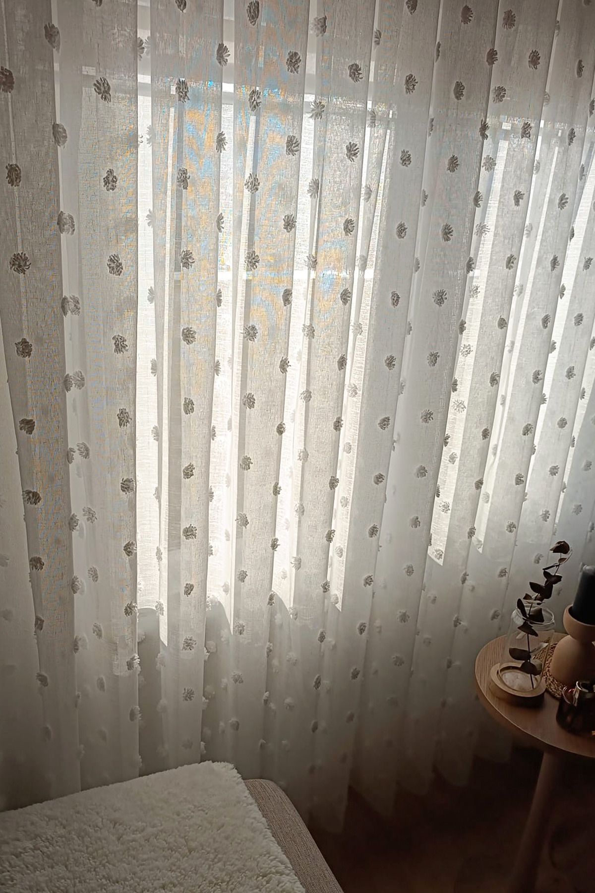 Tasarım Ponponlu Tül Perde 1x3 Sık Pileli Kırışmaz Kumaş