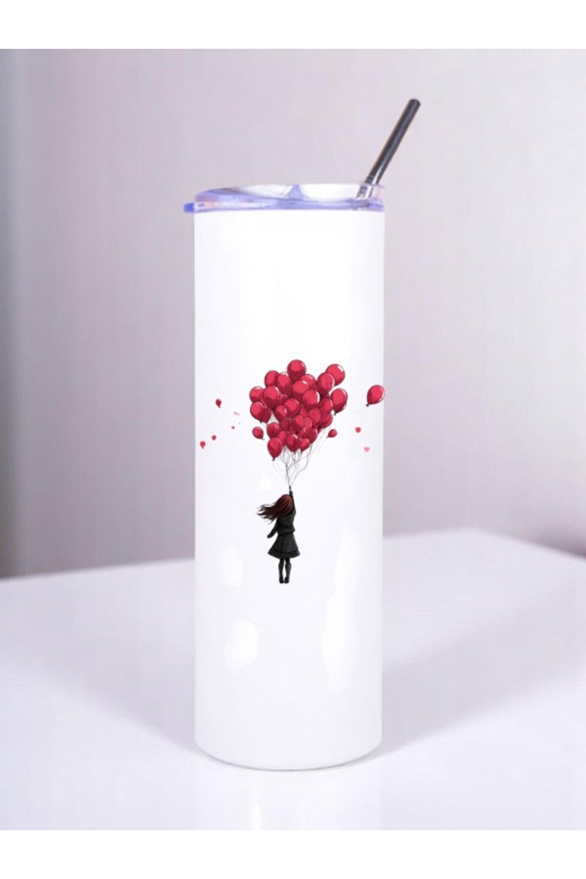 lili hediyelik Balonlu ve Kız Baskılı Pipetli Çelik Termos 600 ml