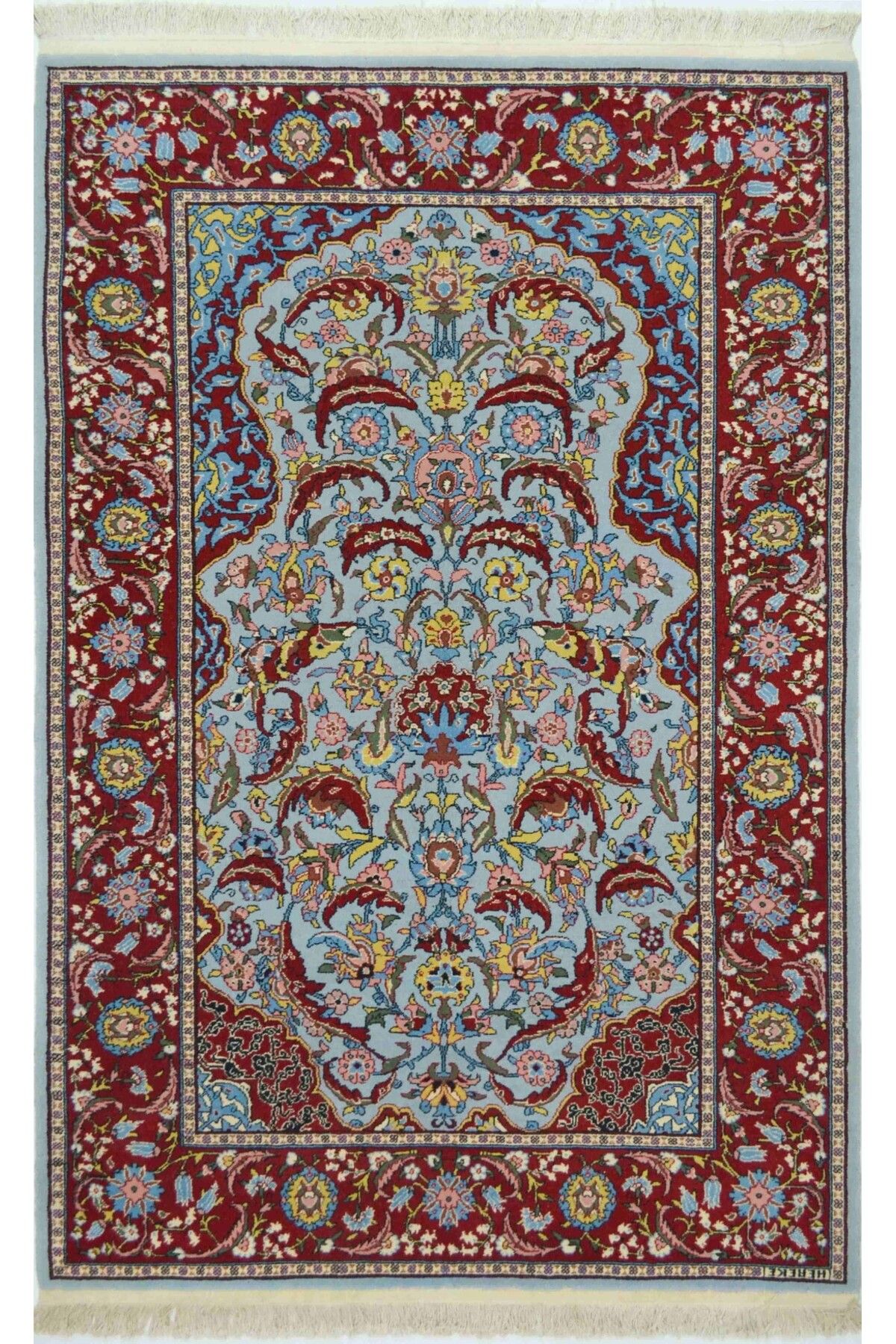 Handmade Orijinal Sümerbank Mihraplı Hereke El Dokuma Mavi ve Bordo Renk Yün Halı 112x181 cm (2.03 m²)