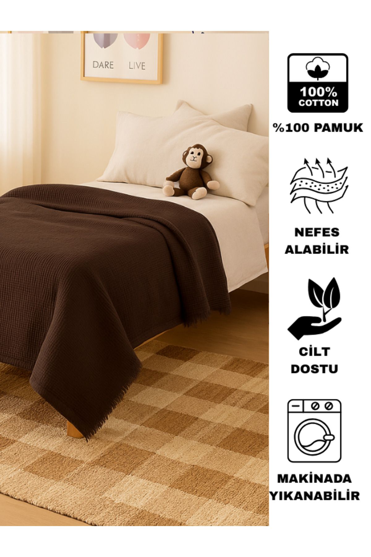 Bhoota Home Tek Kişilik 4 Katlı Müslin %100 Pamuk Yatak Örtüsü, Nefes Alabilen Kumaş 175x230