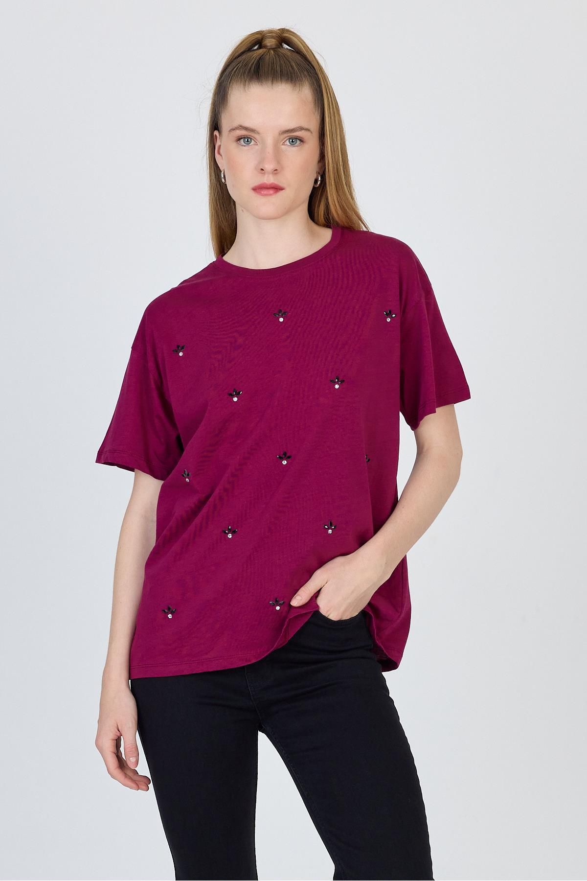 Rays Bordo Yazı Baskılı %100 Pamuk Oversize Tişört 2150-18M