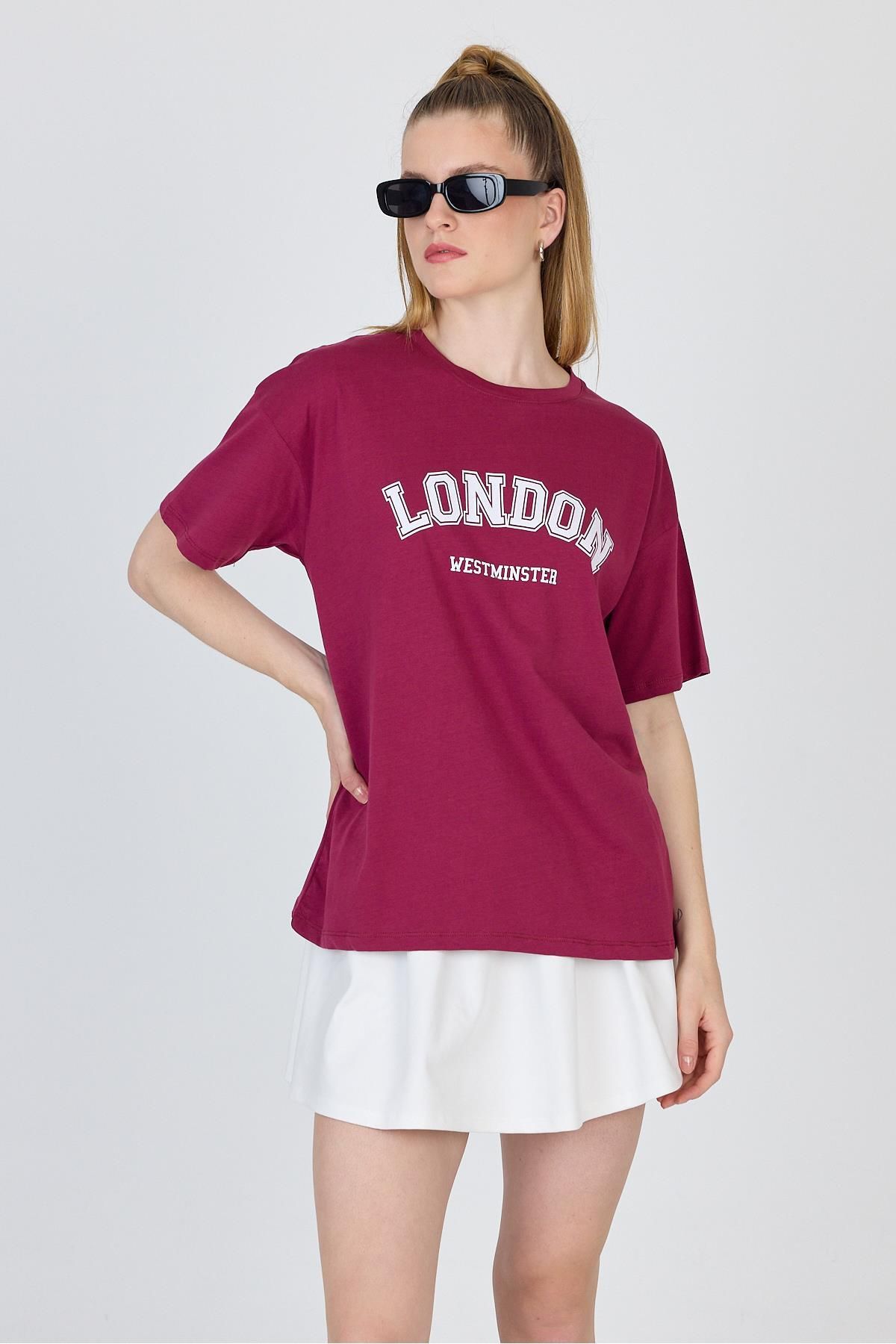 Rays Bordo Yazı Baskılı %100 Pamuk Oversize Tişört 2150-9M