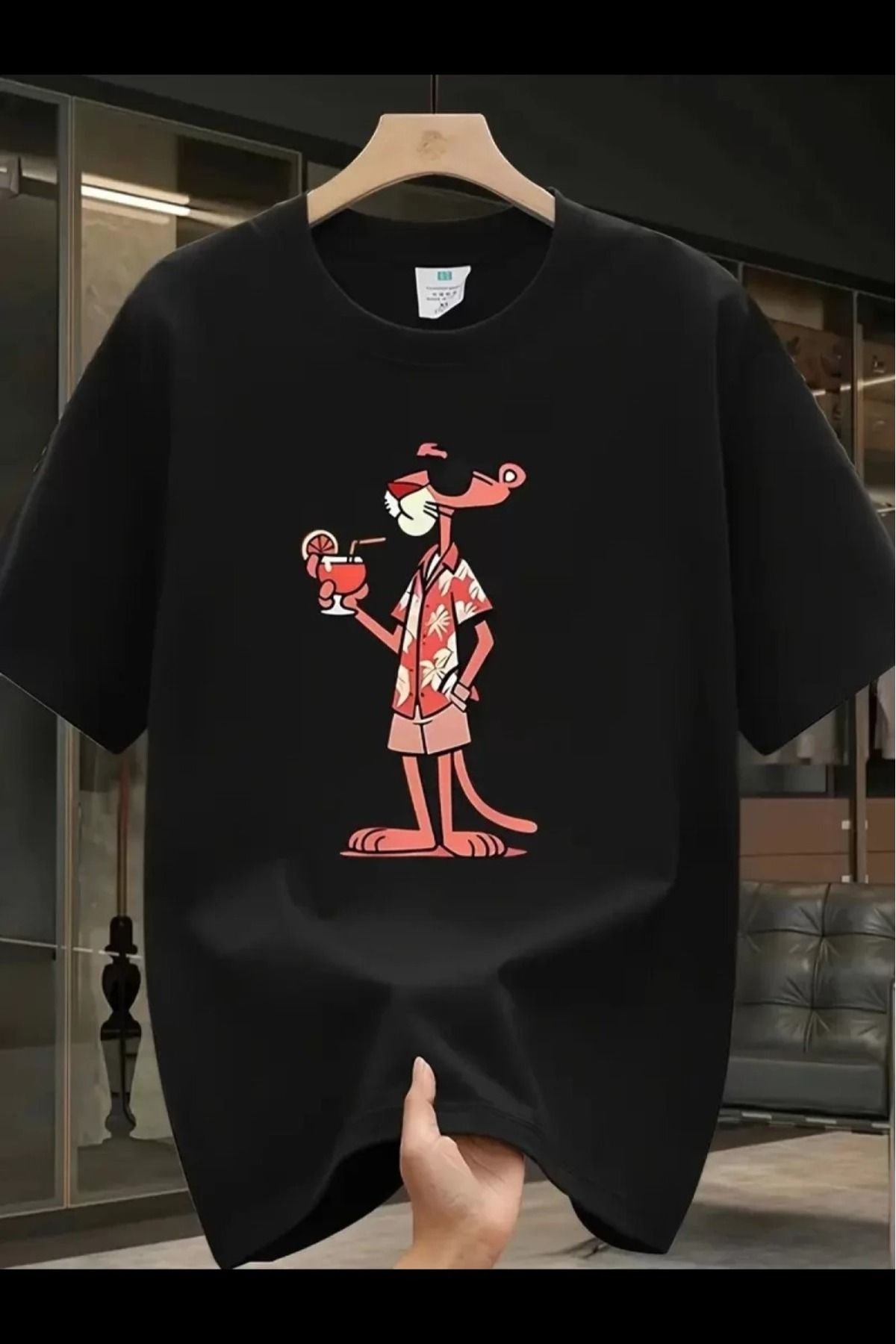 cakır and moniva Pembe Panter Baskılı Erkek T-shirt Oversize