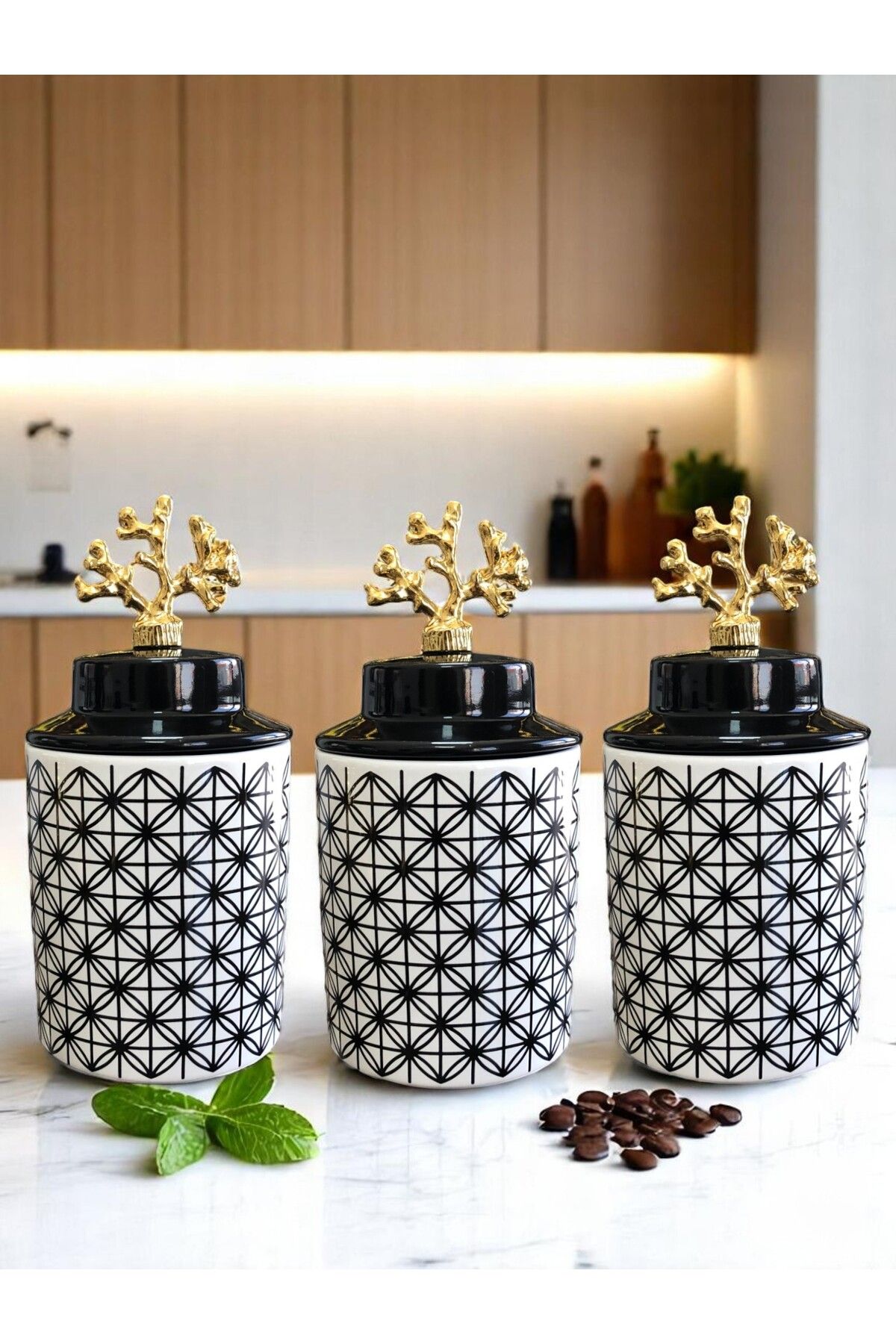 ferayhome Baharatlık Silindir Seramik Büyük Boy Kapaklı 3 lü Kahve Köşesi Seti Lonca Desen 750 ml Hacimli Gold
