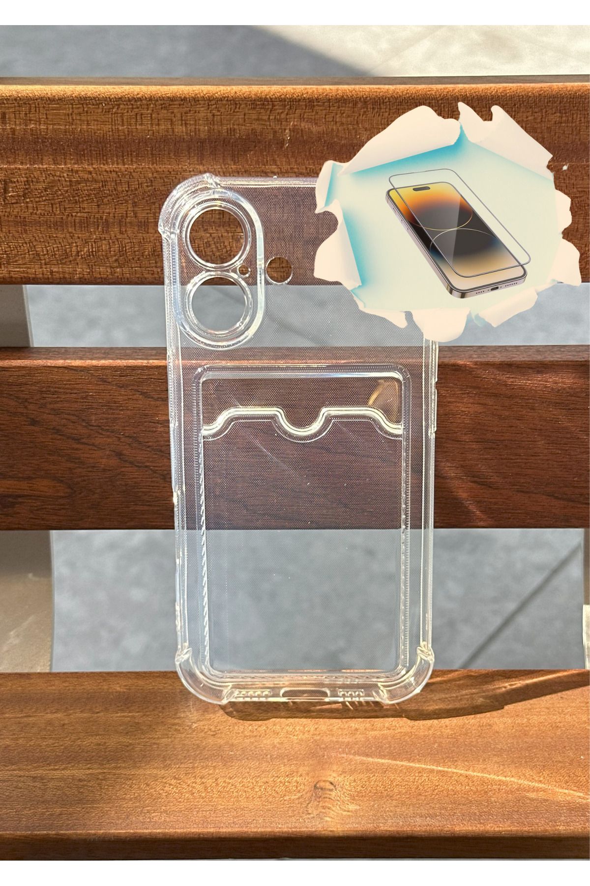 CNL iPhone 16 Uyumlu Kamera Korumalı Kartlıklı Darbe Emici Şeffaf Kılıf - Kırılmaz Cam Hediyeli