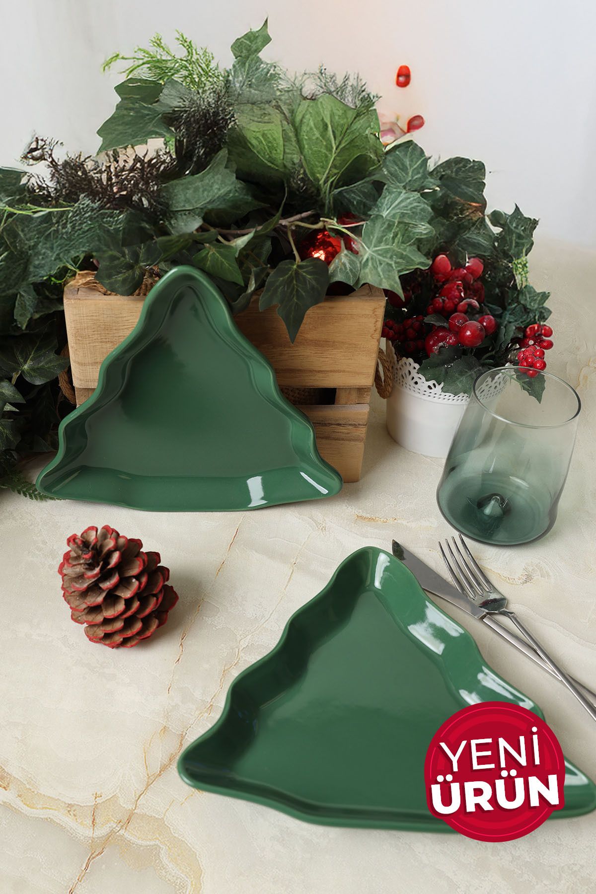 Keramika Yeşil Çam Kayık Tabak 22 Cm 2 Adet 308